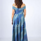 Abito lungo glitterato con scollo omerale SH117 BLU SHARON