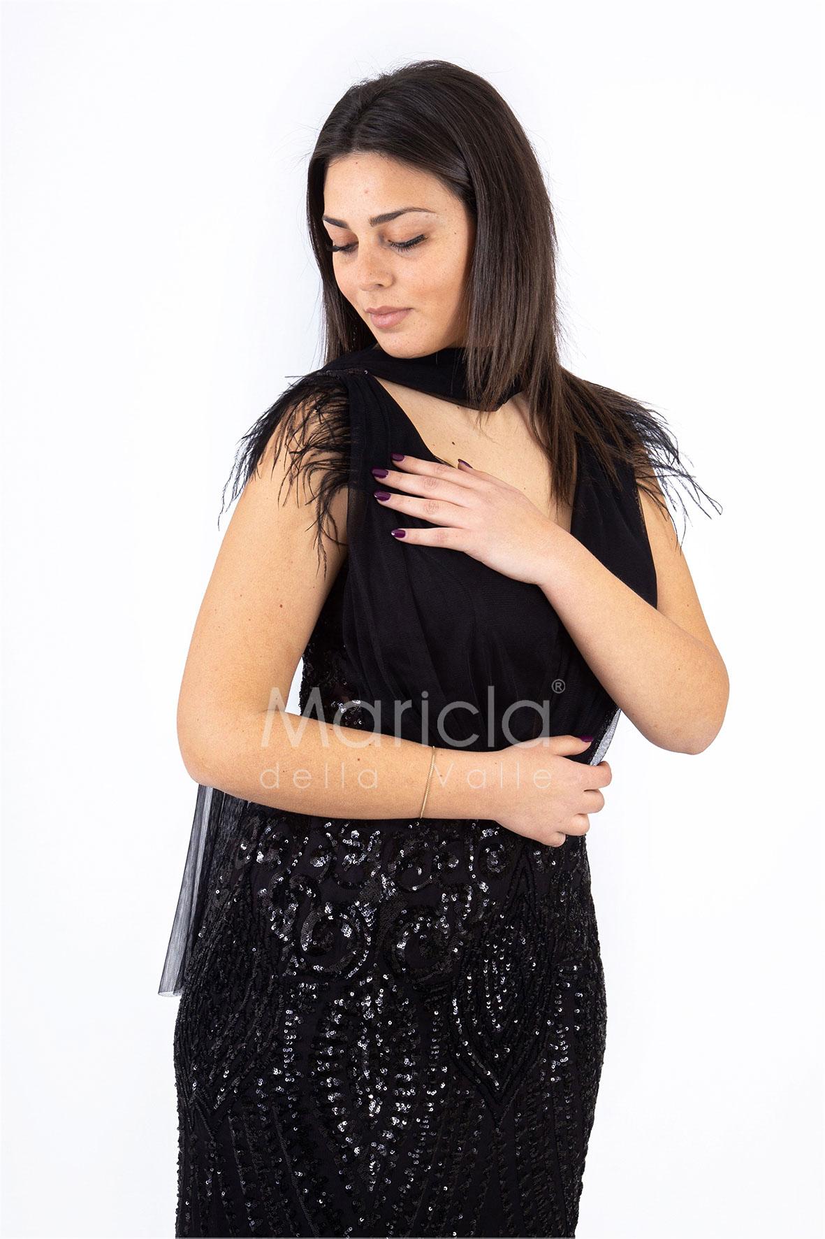 abito lungo paiette e piume RG103RF NERO GIGLI CERIMONIA