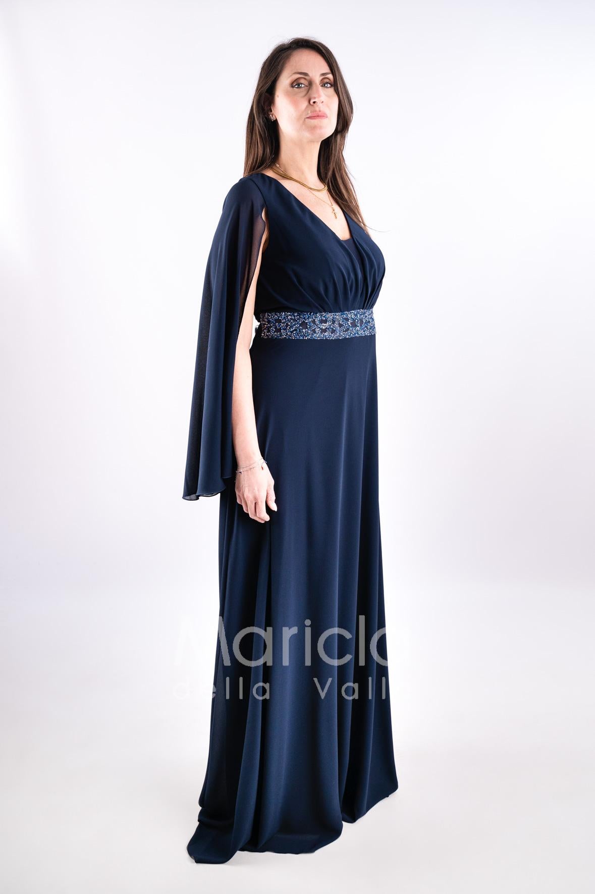 abito lungo con strass e manica aperta PF314 BLU PAOLA FORTI