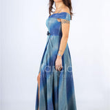 Abito lungo glitterato con scollo omerale SH117 BLU SHARON