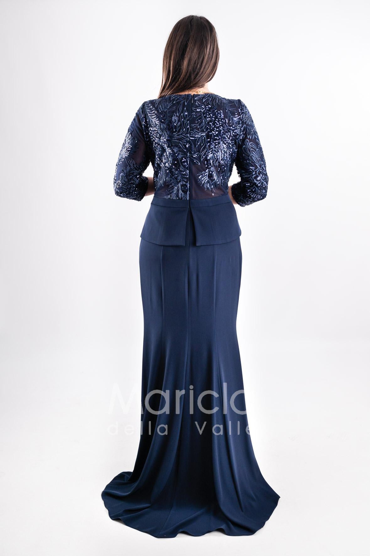 abito lungo manica 3/4 ricamo PF318 BLU PAOLA FORTI