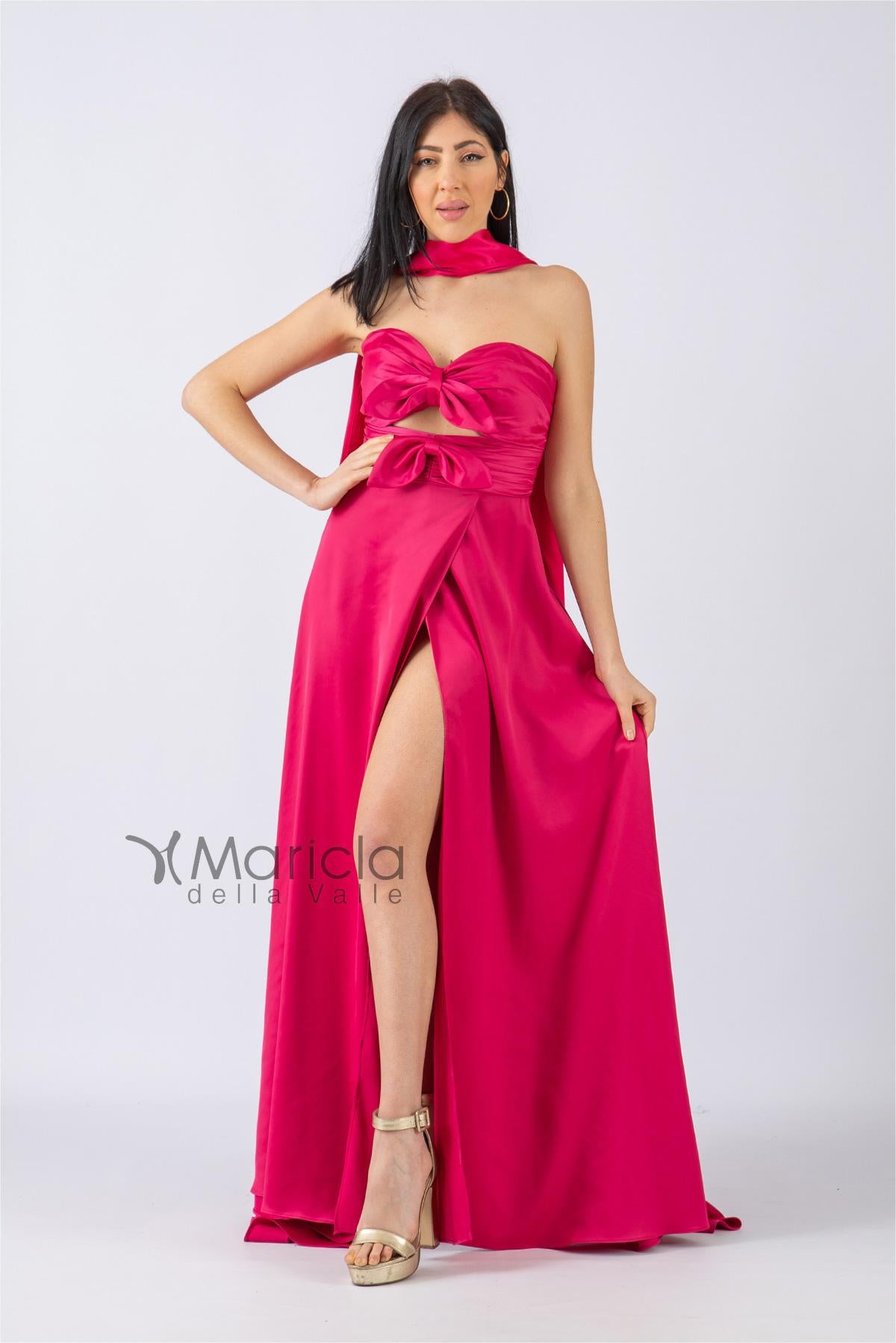 Abito lungo con scollo a cuore/fiocchi ANT20038 FUCSIA ANTILLE ELEGANCE