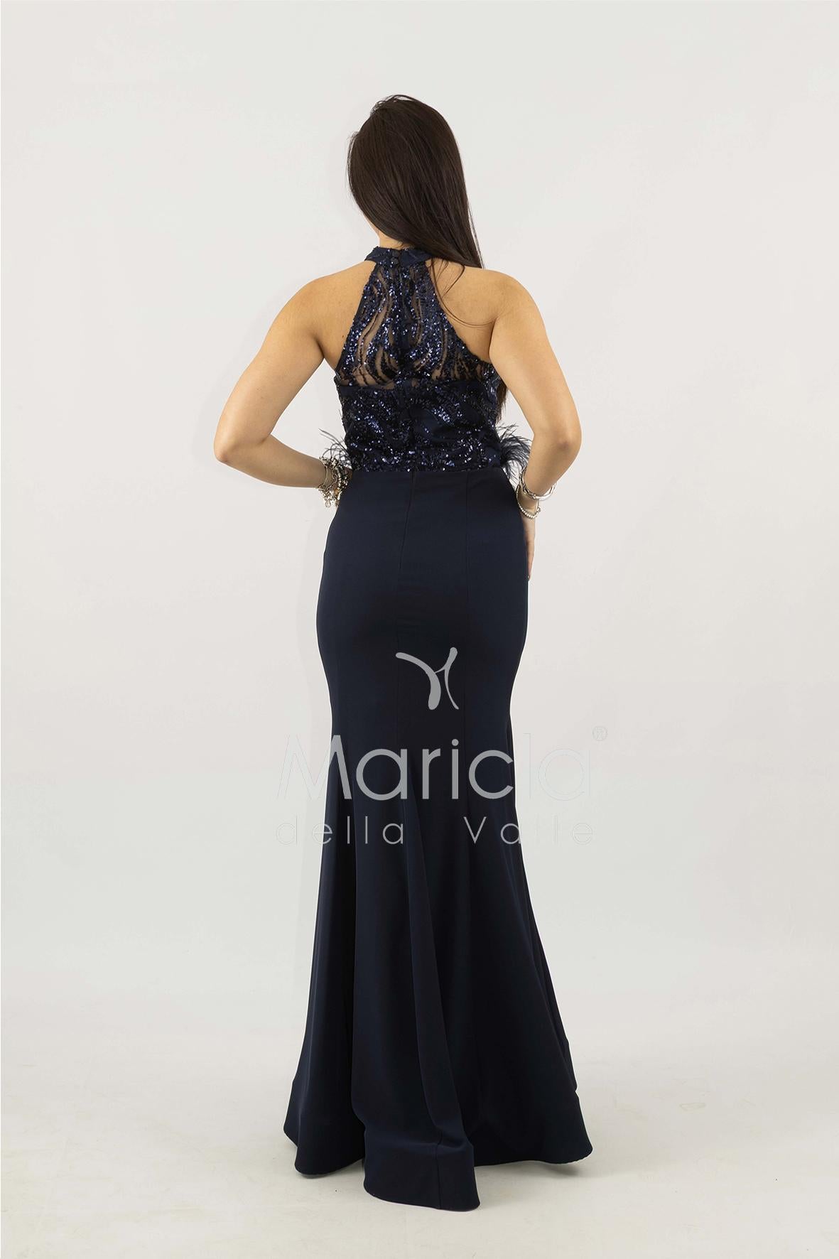 abito lungo con corpetto in strass e piume SH842AL BLU SHARON