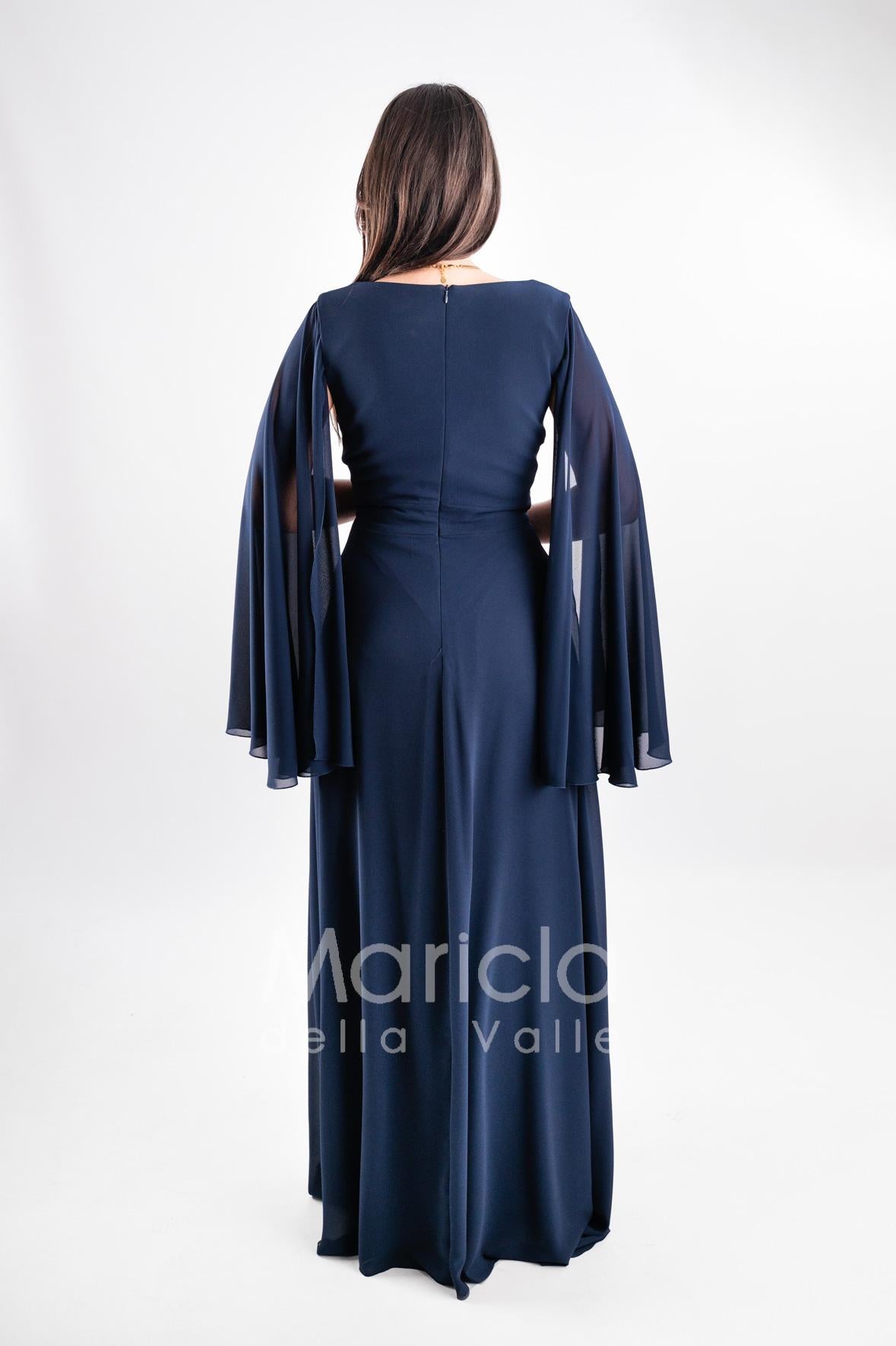 abito lungo con strass e manica aperta PF314 BLU PAOLA FORTI