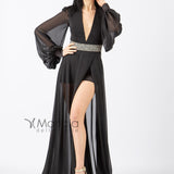 Abito lungo con spacco e fascia glitter MVV42361 NERO MARIA VITTORIA VINCI