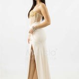 abito lungo corpetto strass e arriccio laterale ANT25024XJ NUDE ANTILLE ELEGANCE
