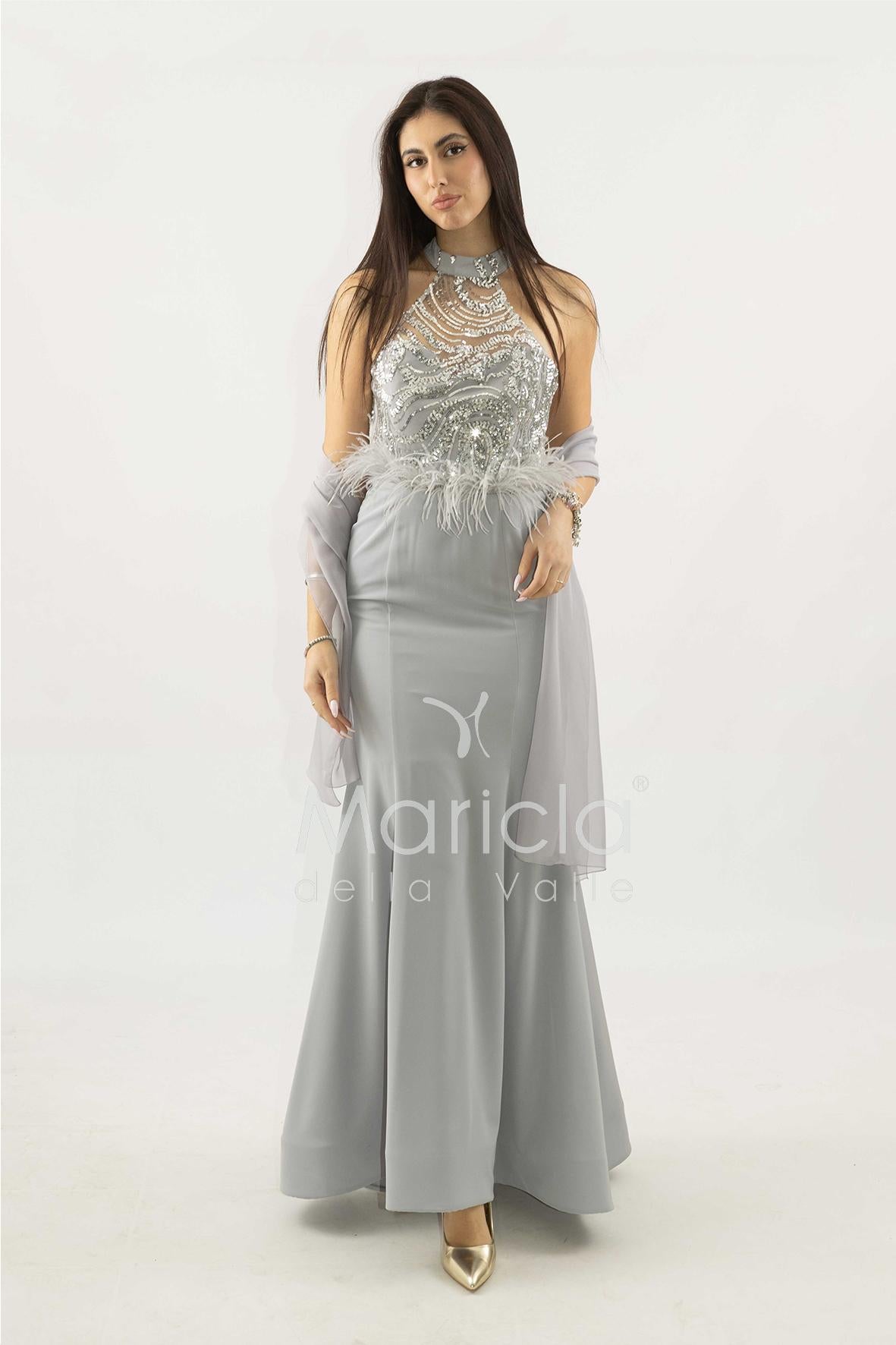 abito lungo con corpetto in strass e piume SH842AL ARGENTO SHARON