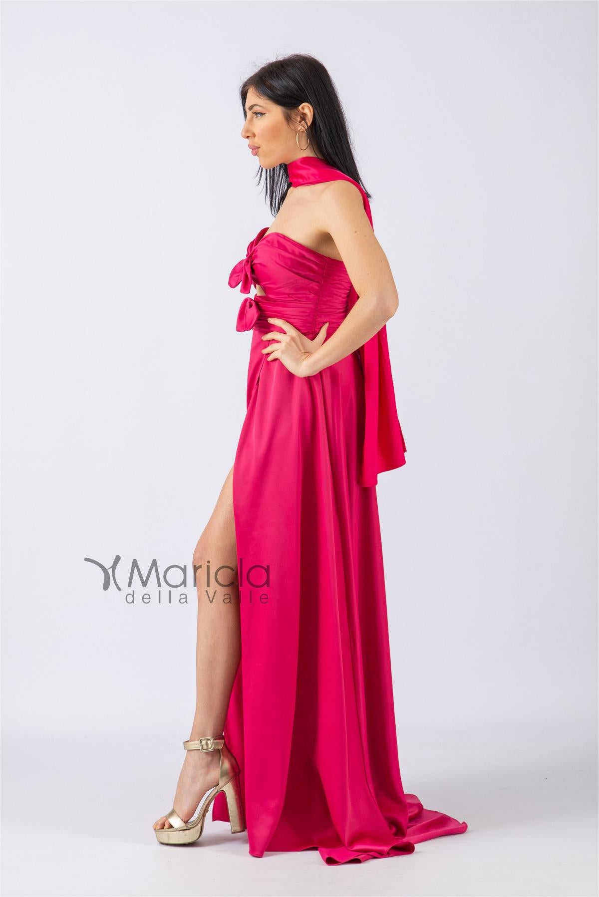 Abito lungo con scollo a cuore/fiocchi ANT20038 FUCSIA ANTILLE ELEGANCE