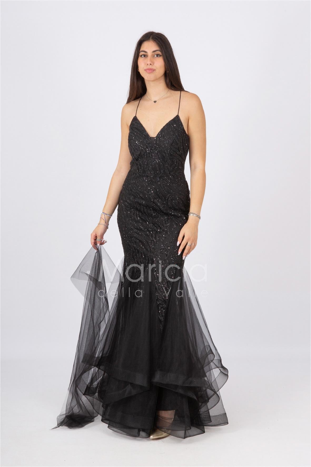 abito lungo glitter con triangoli toulle FI7269 NERO MARICLA ELEGANCE