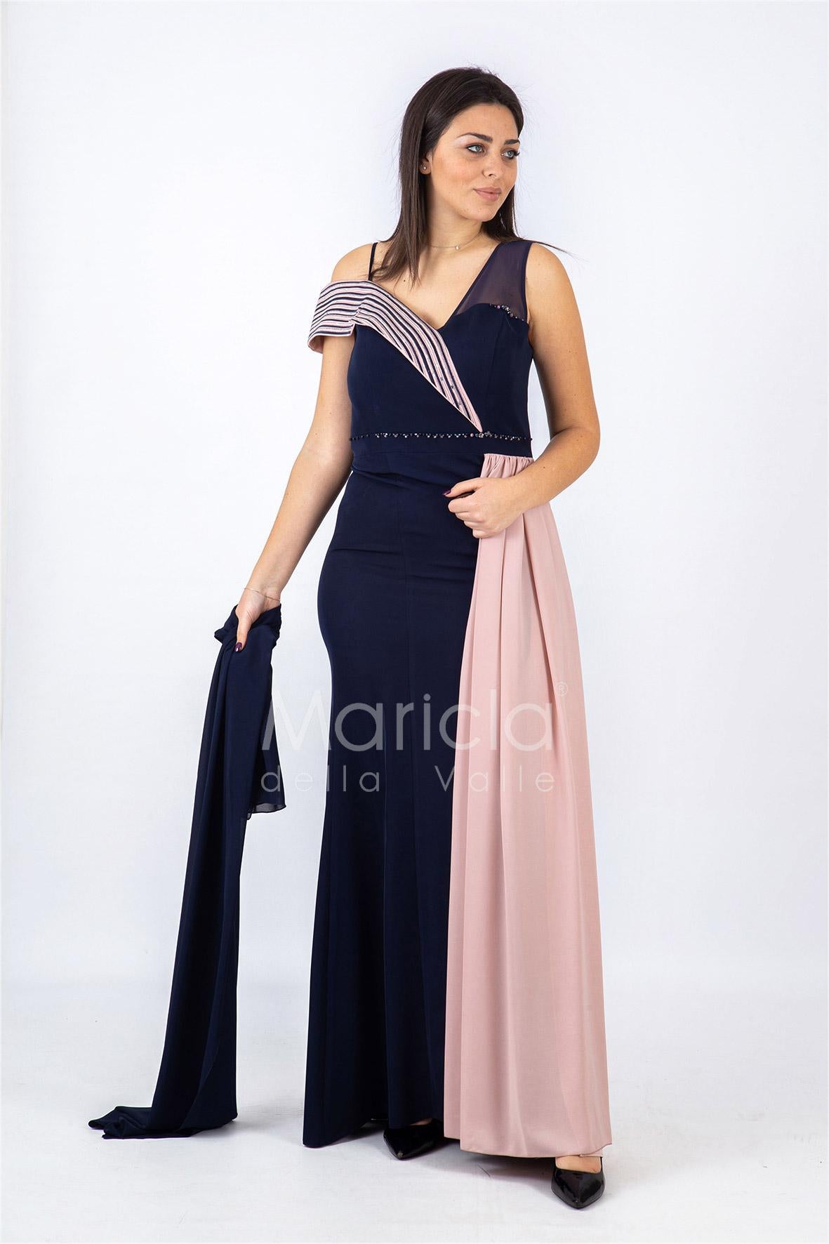 Abito lungo bicolore con strass PF601 BLU PAOLA FORTI