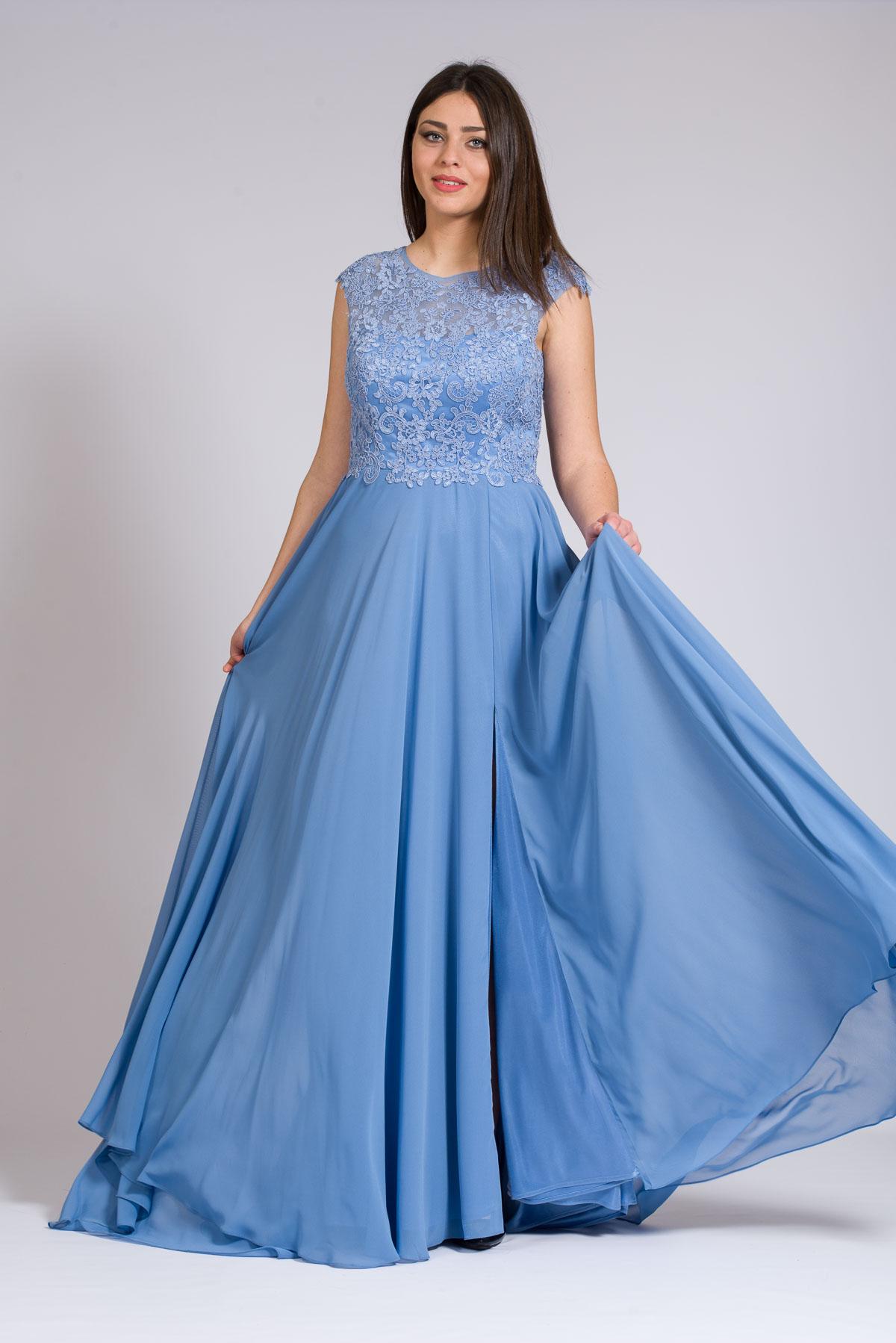 Abito lungo con corpetto ricamato in macramè. ANT1752AT INDACO ANTILLE ELEGANCE