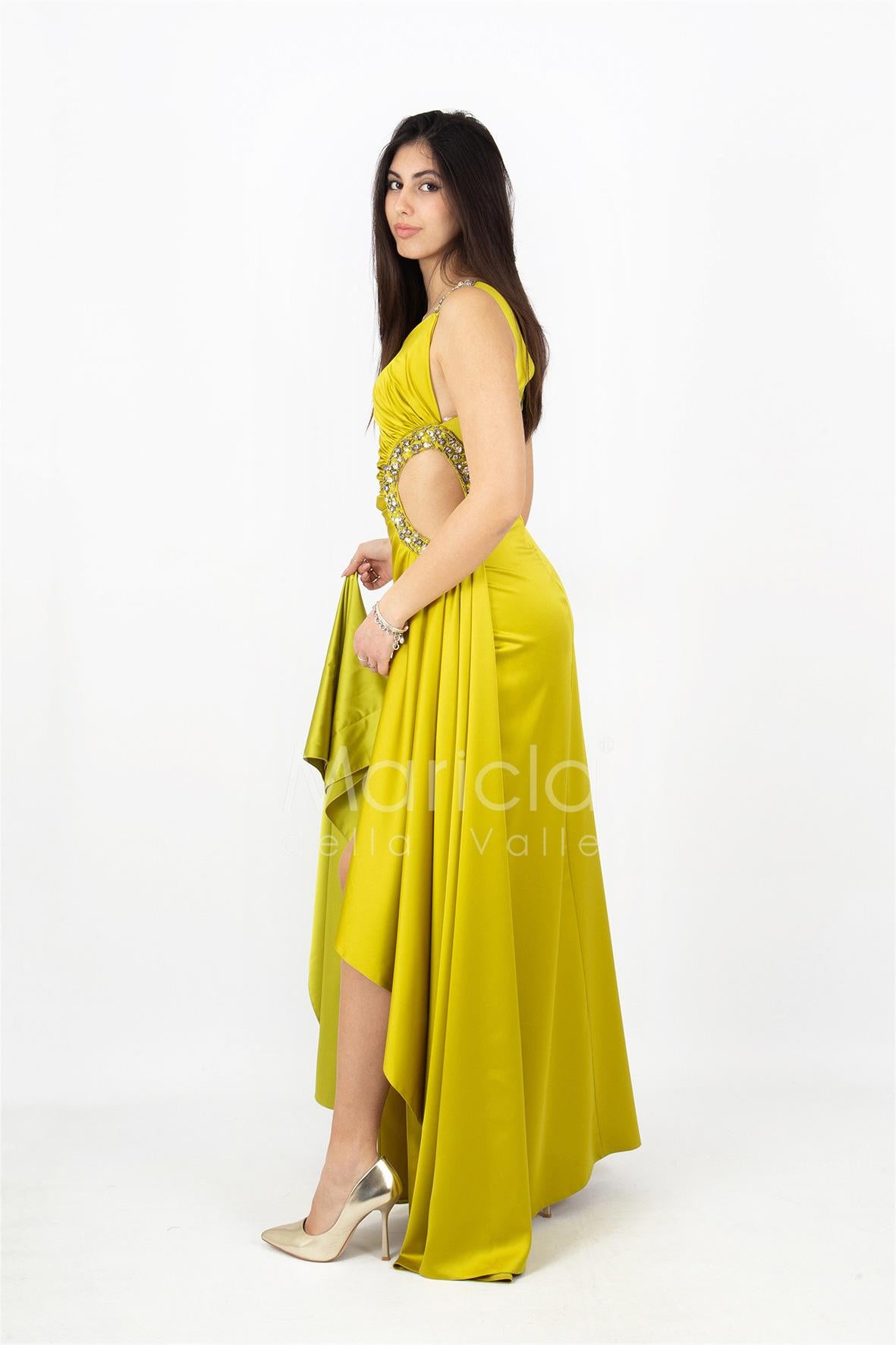 abito lungo monospalla con occhio laterale HC5017 AVOCADO MARICLA ELEGANCE