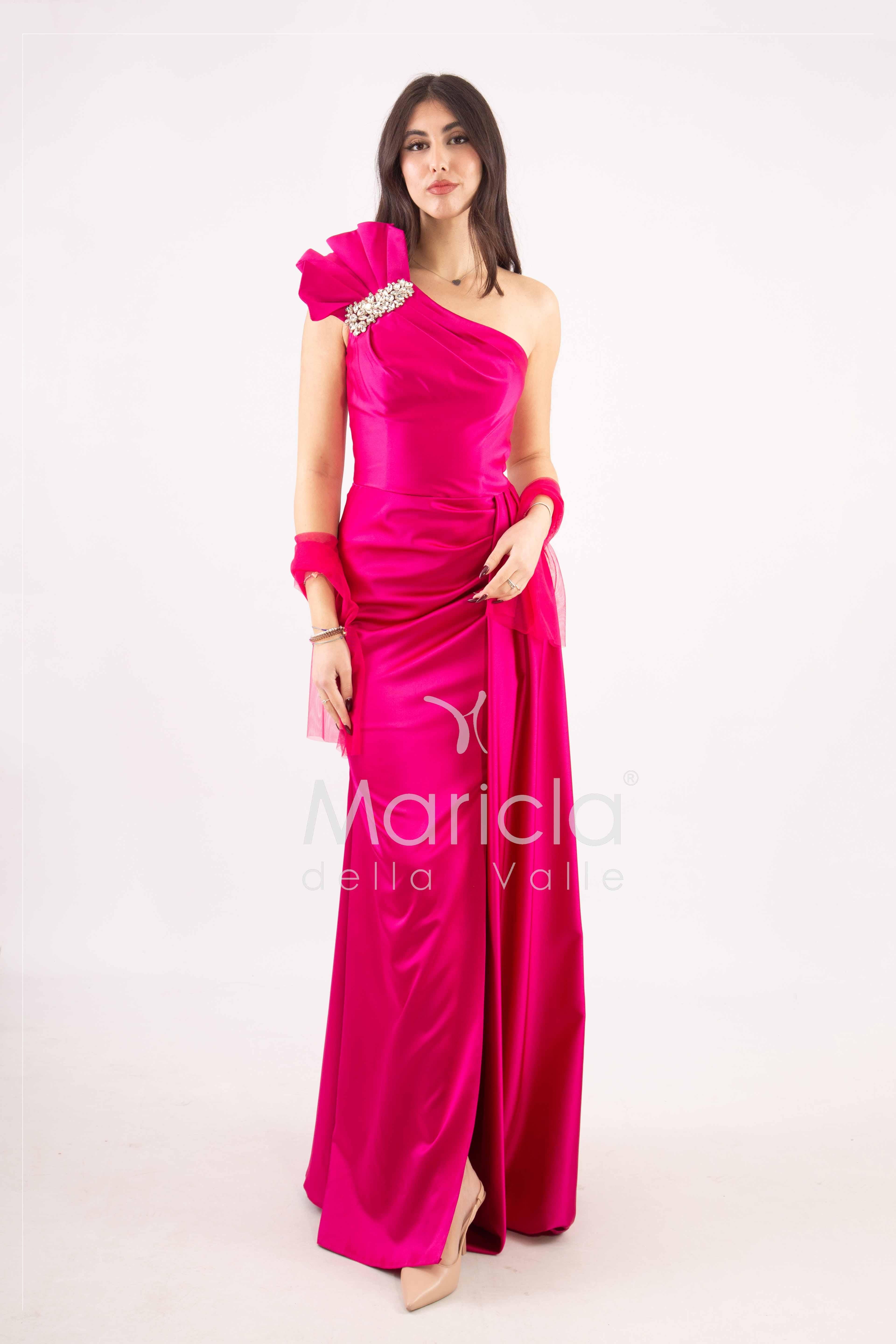 abito lungo monospalla strass spalla GC73 FUCSIA GIGLI CERIMONIA