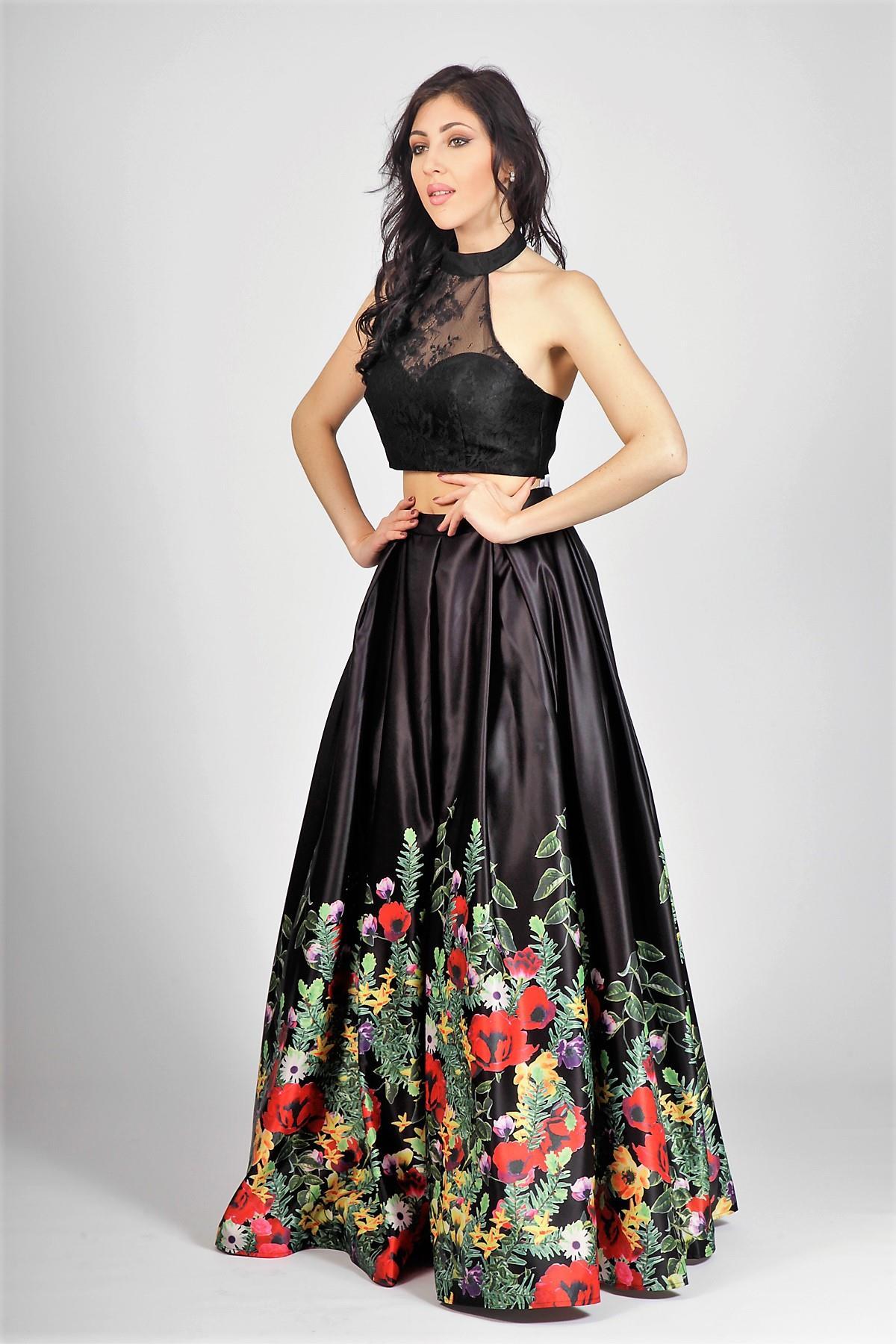Gonnellone floreale con top in pizzo<BR/> BB27407 NERO MARICLA ELEGANCE