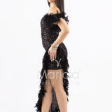 abito lungo scollo omerale spacco e piume SS23100 NERO MARICLA ELEGANCE