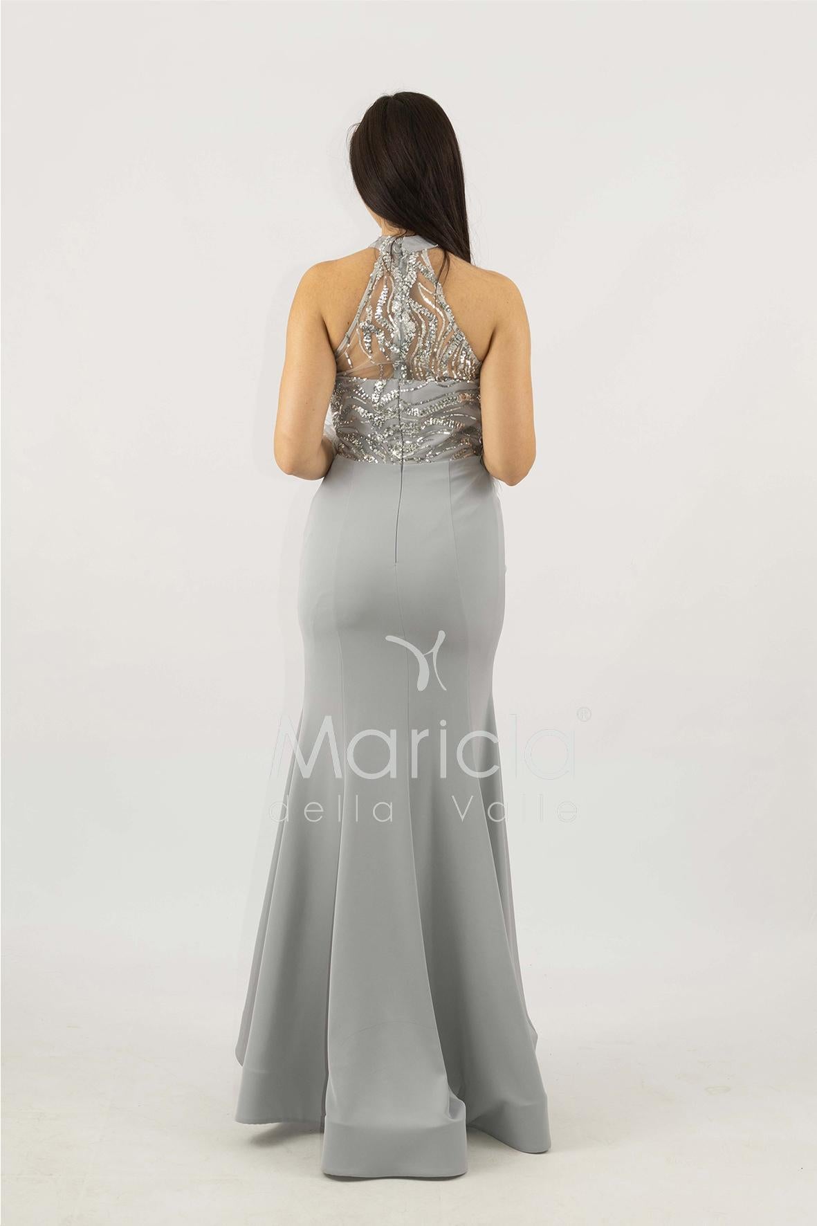 abito lungo con corpetto in strass e piume SH842AL ARGENTO SHARON