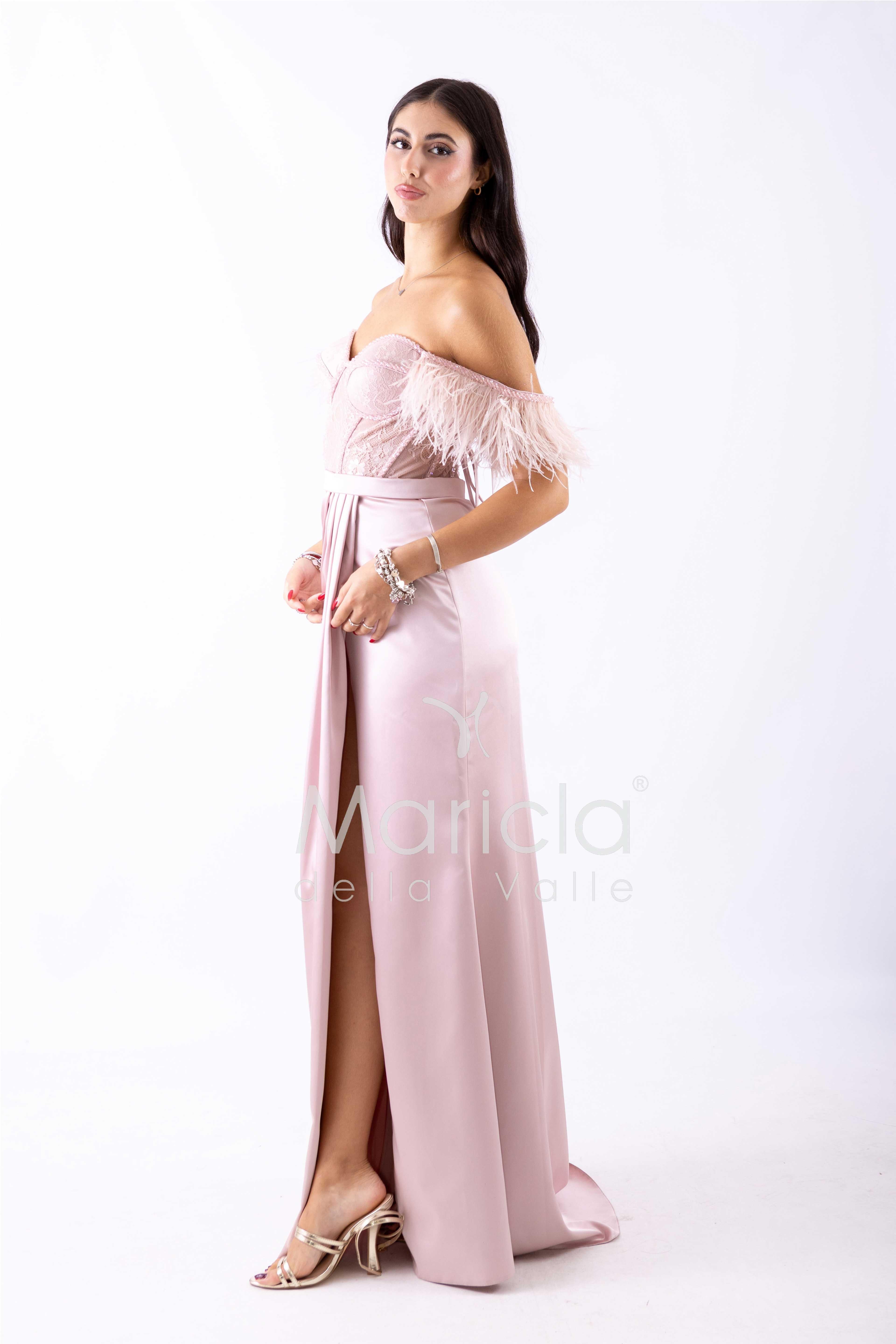 abito lungo piume corpetto ALC06 ROSA MARICLA ELEGANCE
