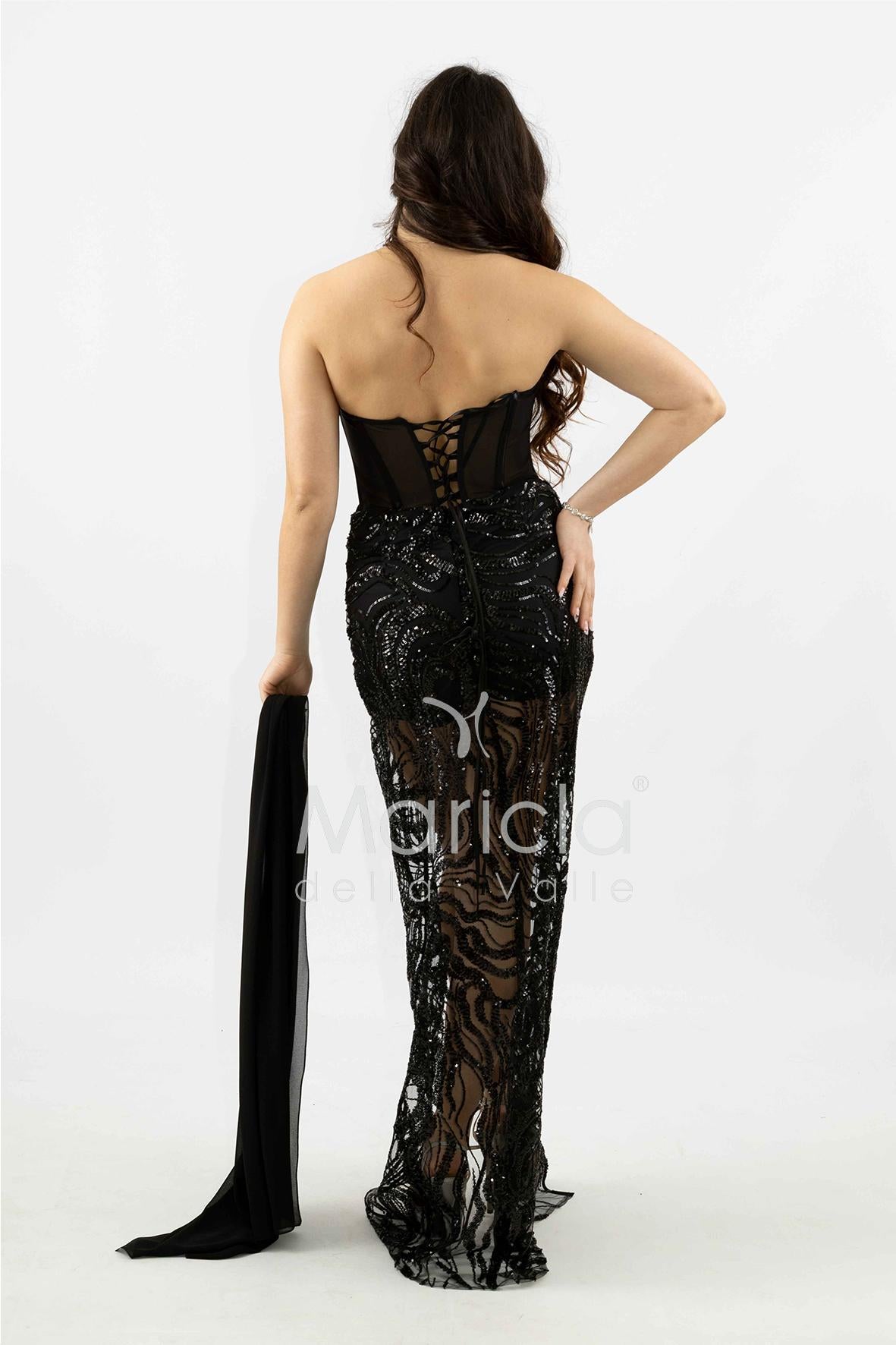 abito paiette con trasparenza e culotte SH848AL NERO SHARON