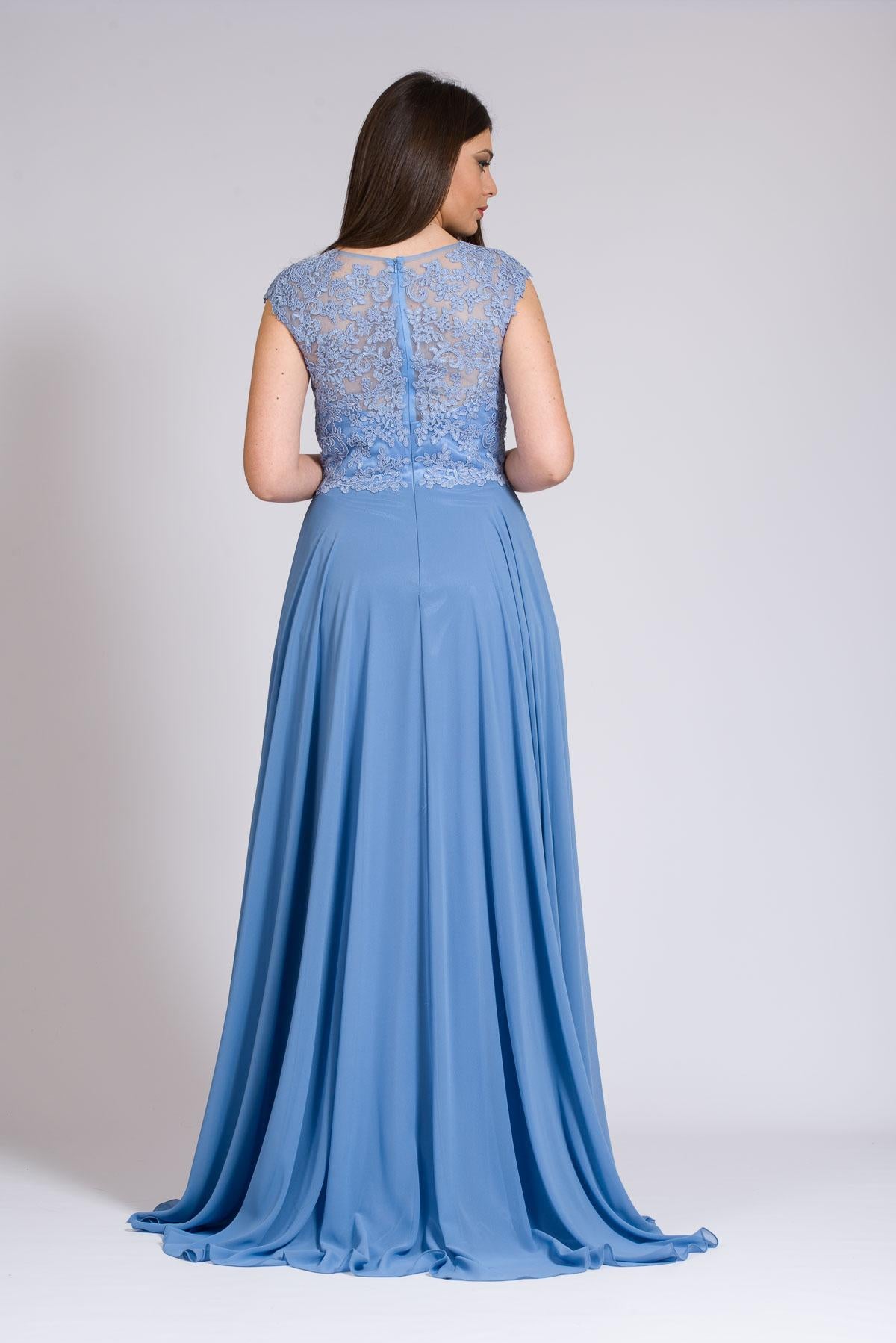 Abito lungo con corpetto ricamato in macramè. ANT1752AT INDACO ANTILLE ELEGANCE