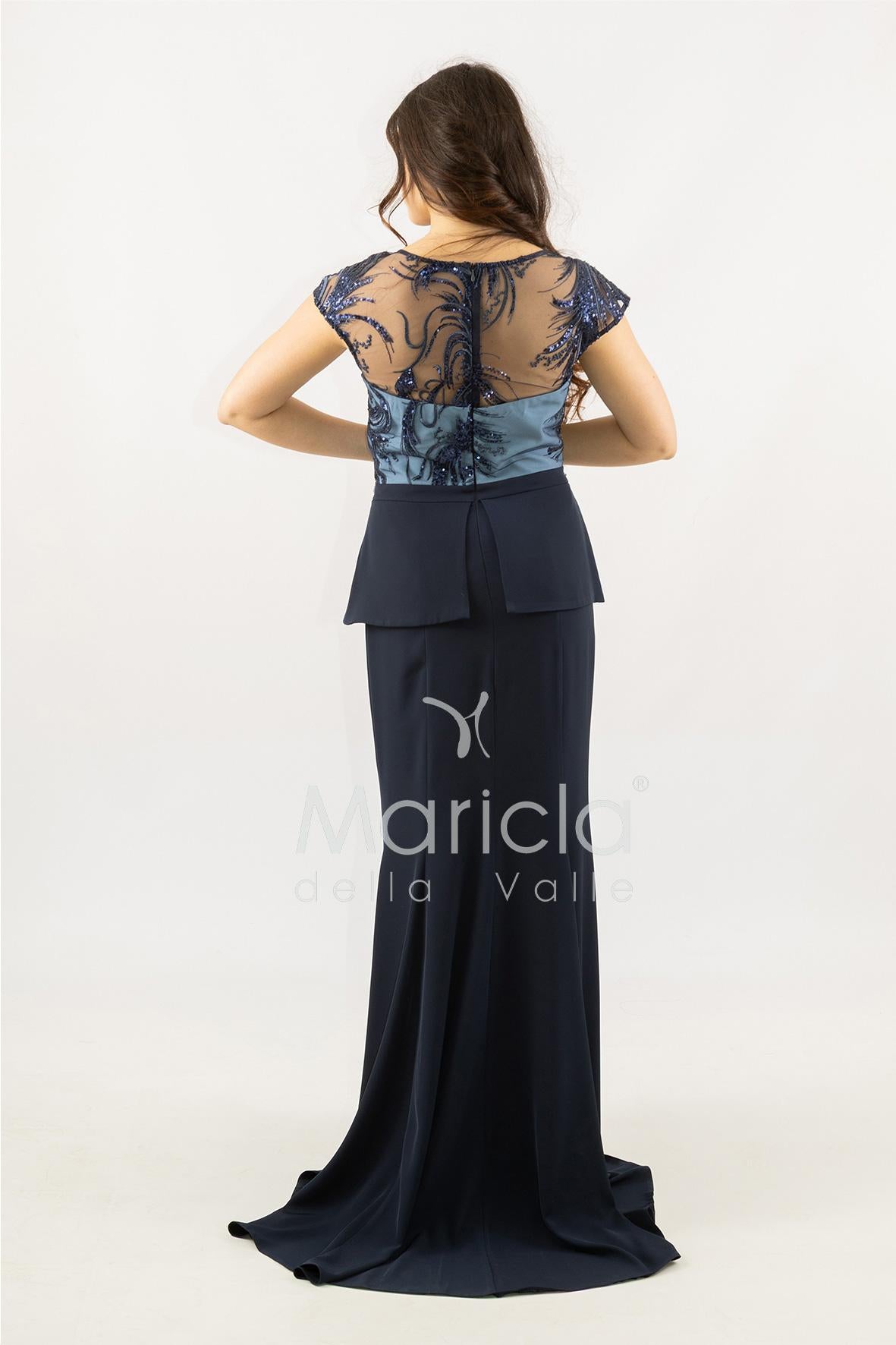 abito lungo con baschina ricamata SH839AL BLU SHARON
