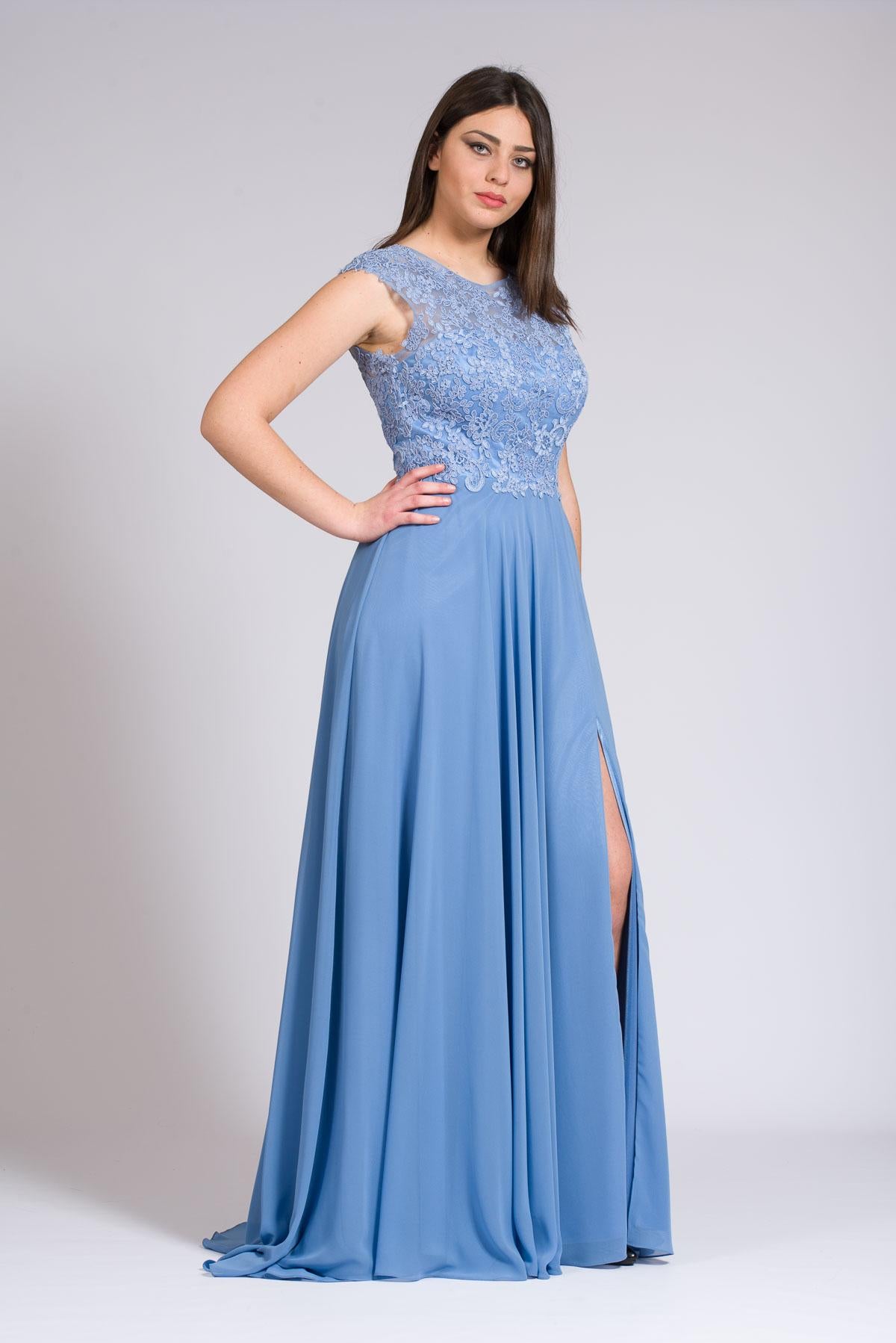 Abito lungo con corpetto ricamato in macramè. ANT1752AT INDACO ANTILLE ELEGANCE