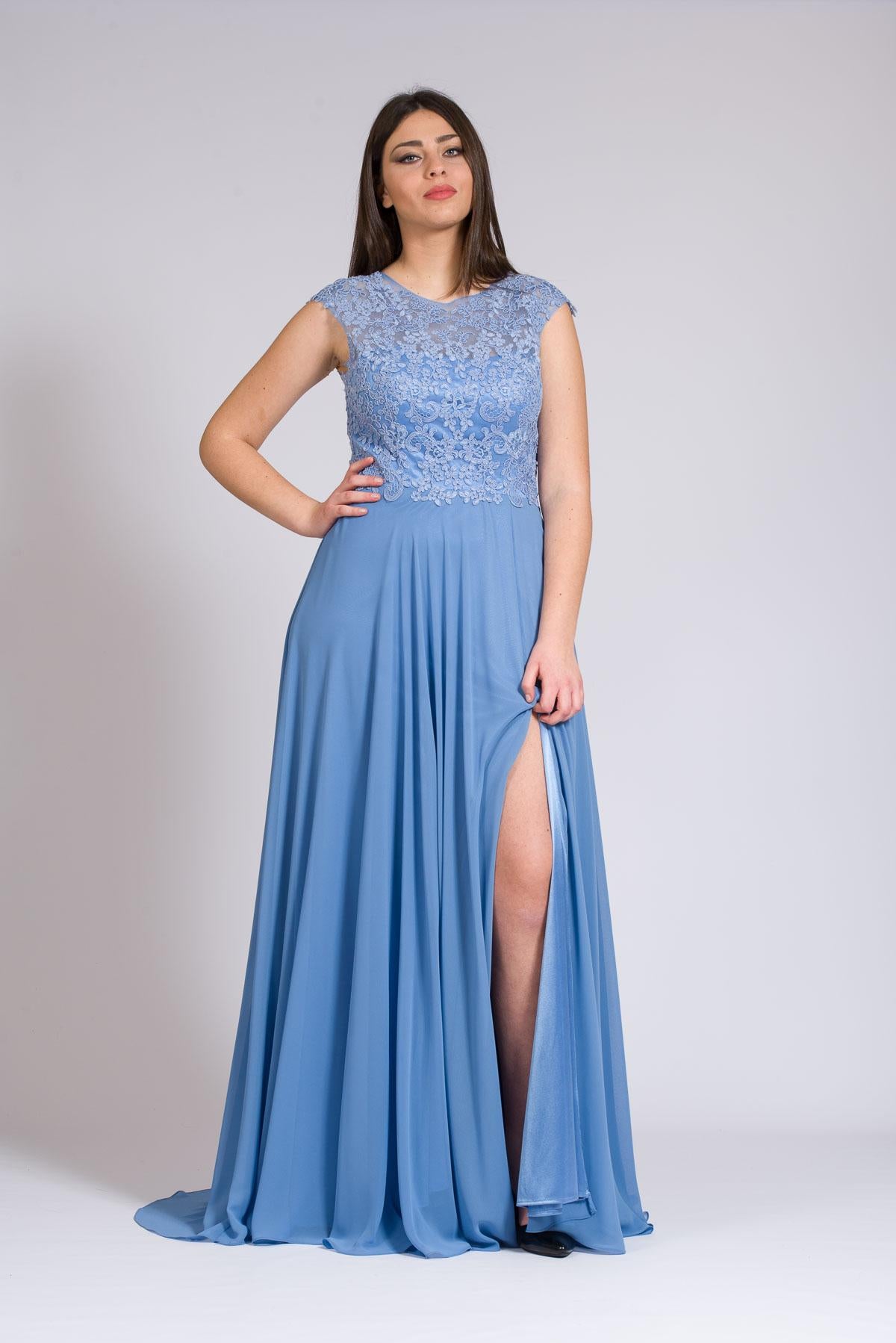 Abito lungo con corpetto ricamato in macramè. ANT1752AT INDACO ANTILLE ELEGANCE