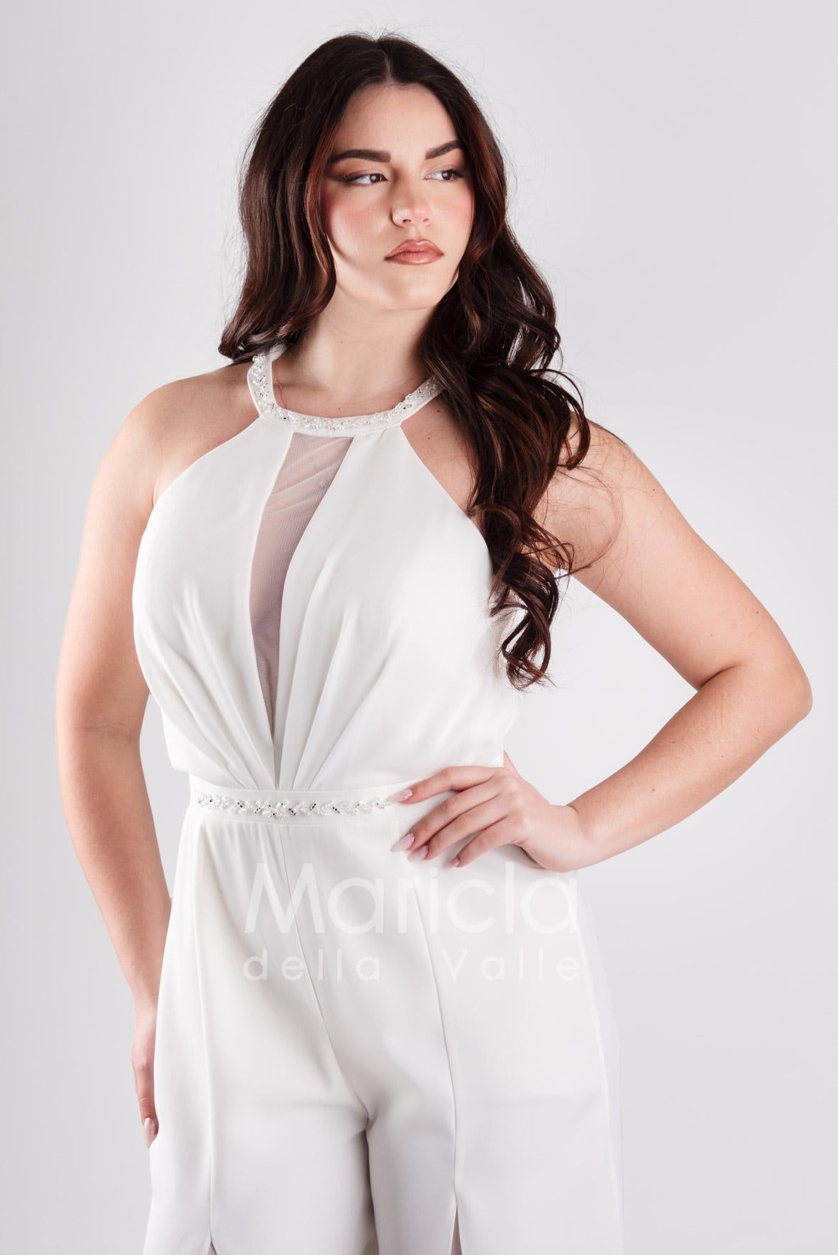 tuta con cinturino strass SH610 BIANCO SHARON