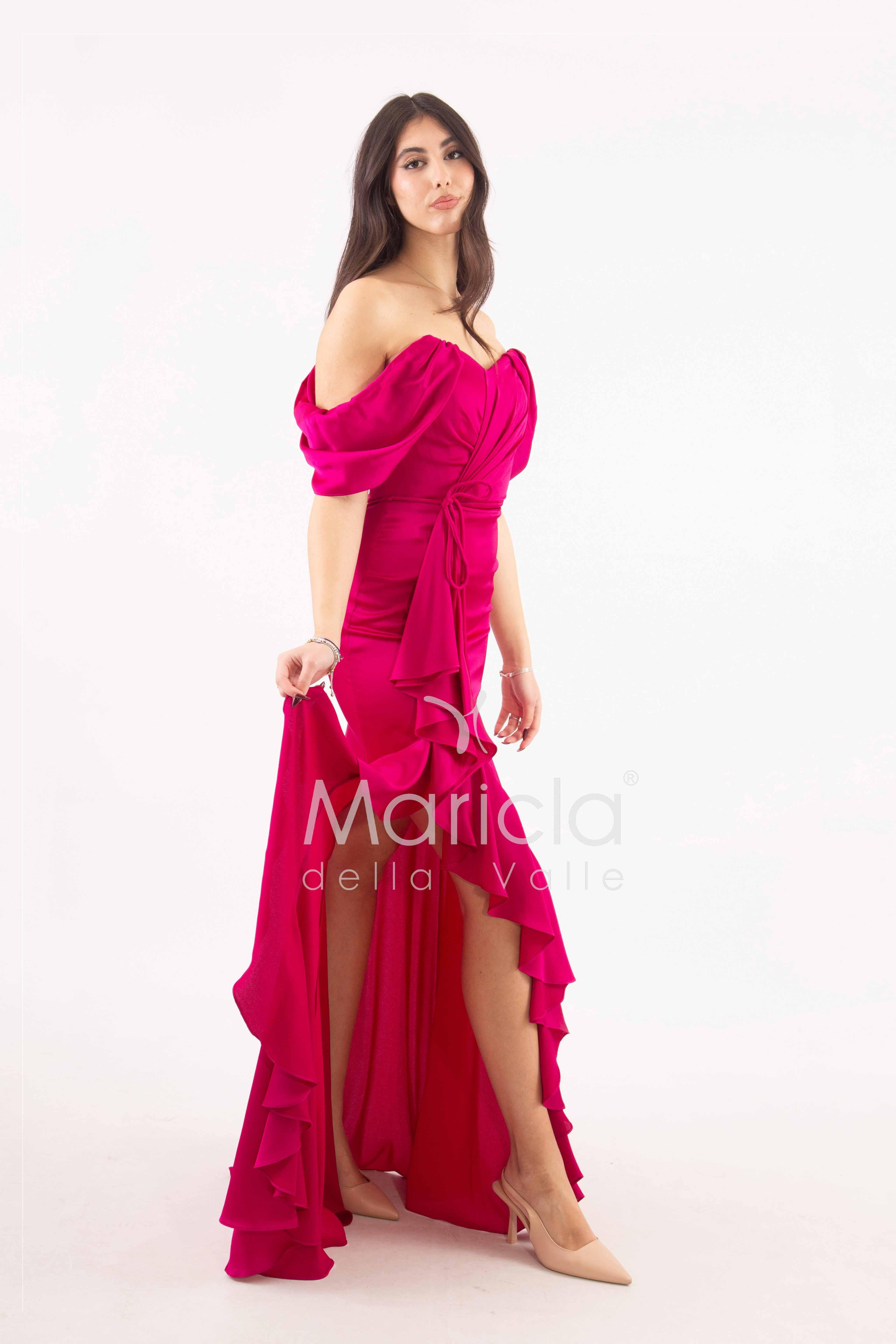abito lungo in crepe saten con rouche ANT80018 FUXIA ANTILLE ELEGANCE