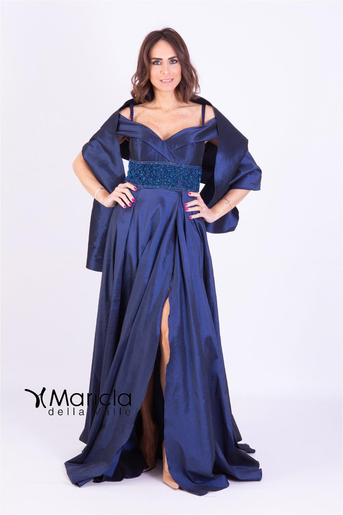 Abito lungo scollo omerale<BR/> ANT191038 BLU ANTILLE ELEGANCE