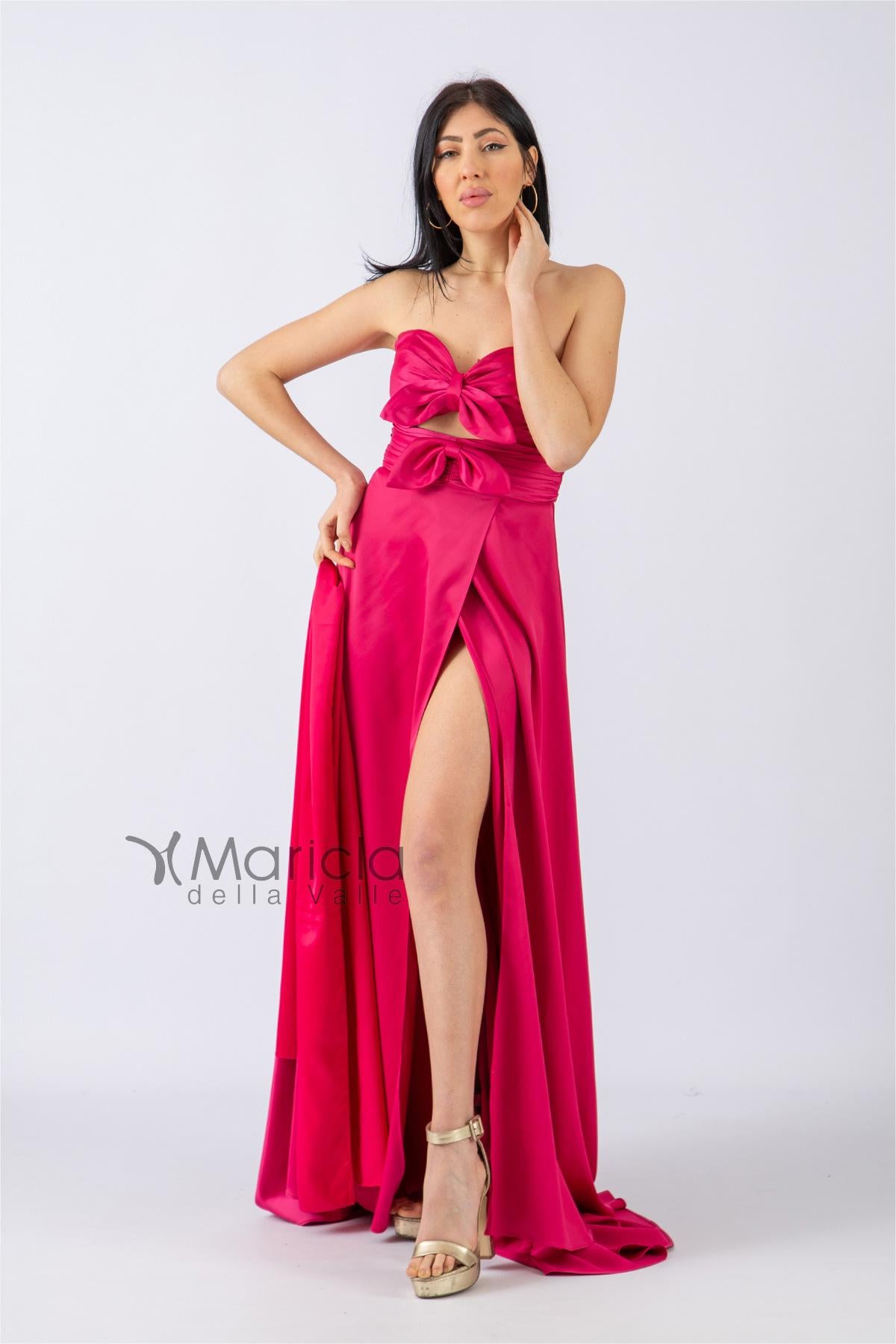 Abito lungo con scollo a cuore/fiocchi ANT20038 FUCSIA ANTILLE ELEGANCE