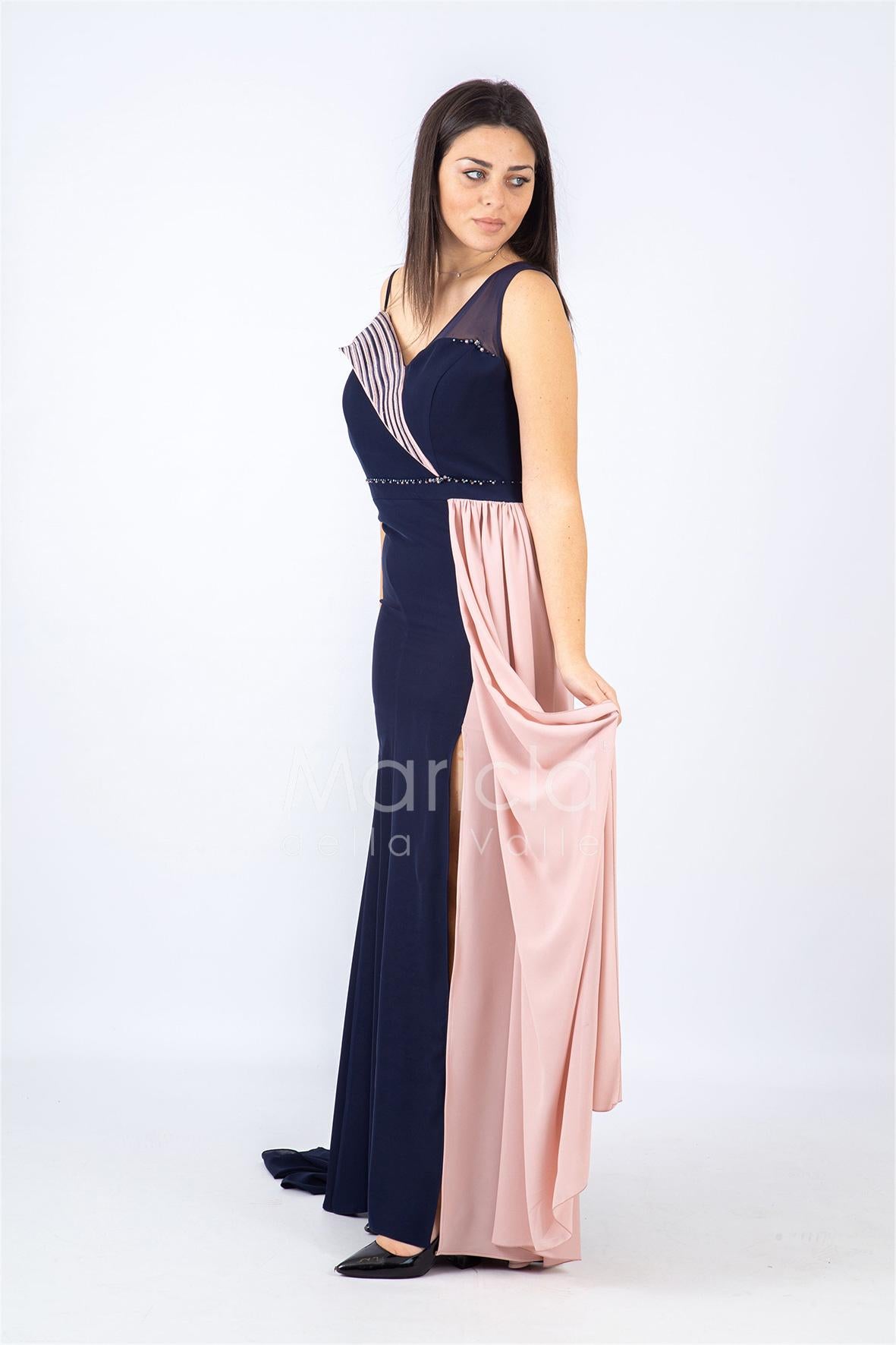 Abito lungo bicolore con strass PF601 BLU PAOLA FORTI