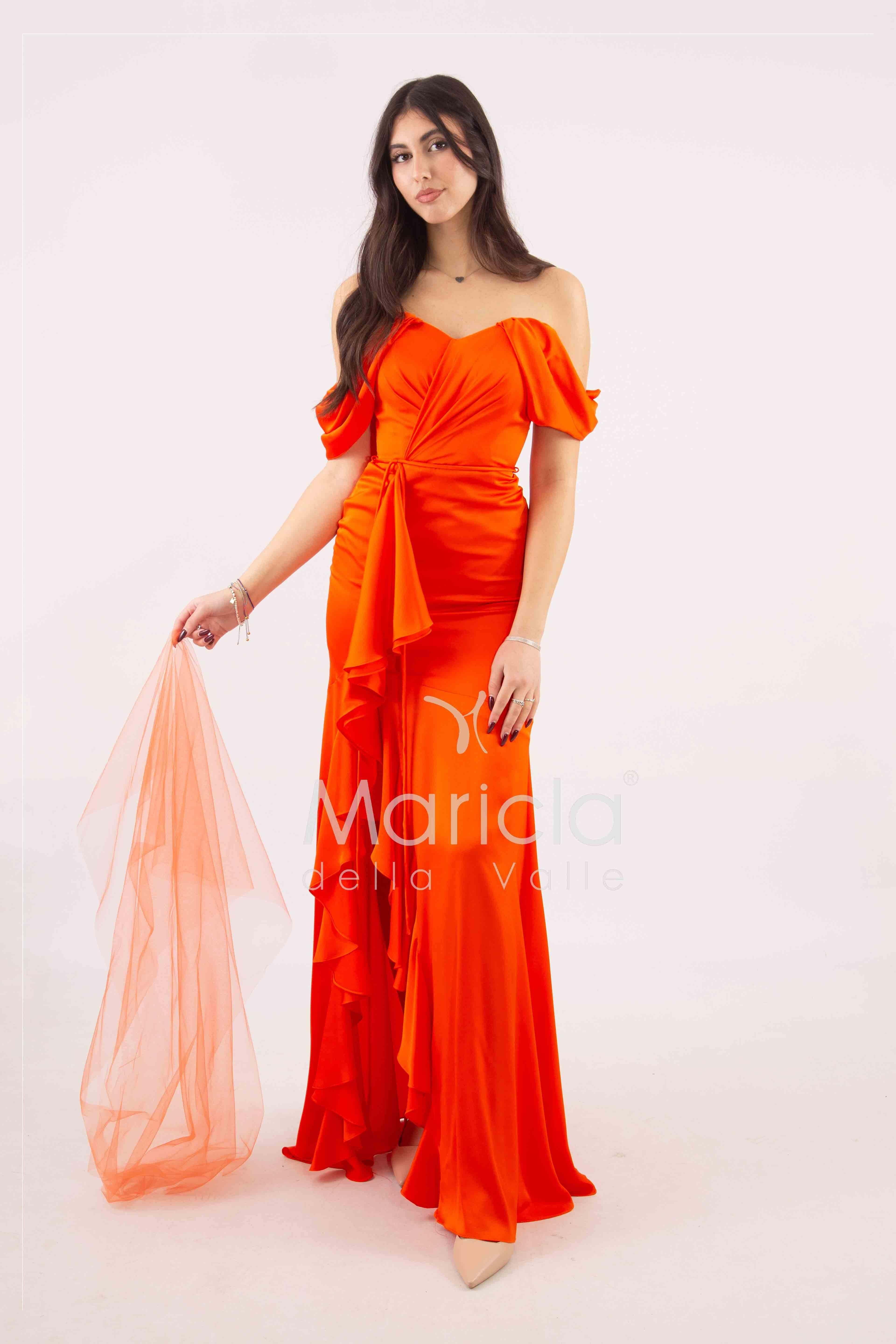 abito lungo in crepe saten con rouche ANT80018 ARANCIO ANTILLE ELEGANCE