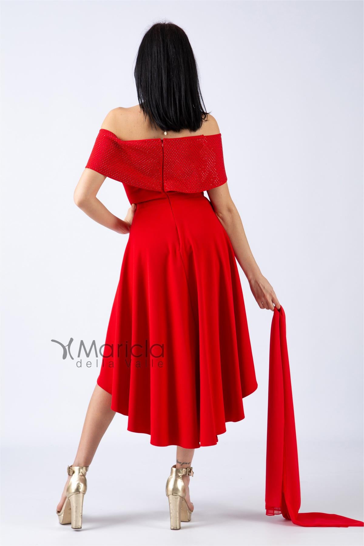 Abito rosso con scollo a barca e strass JC34363 ROSSO MARICLA ELEGANCE