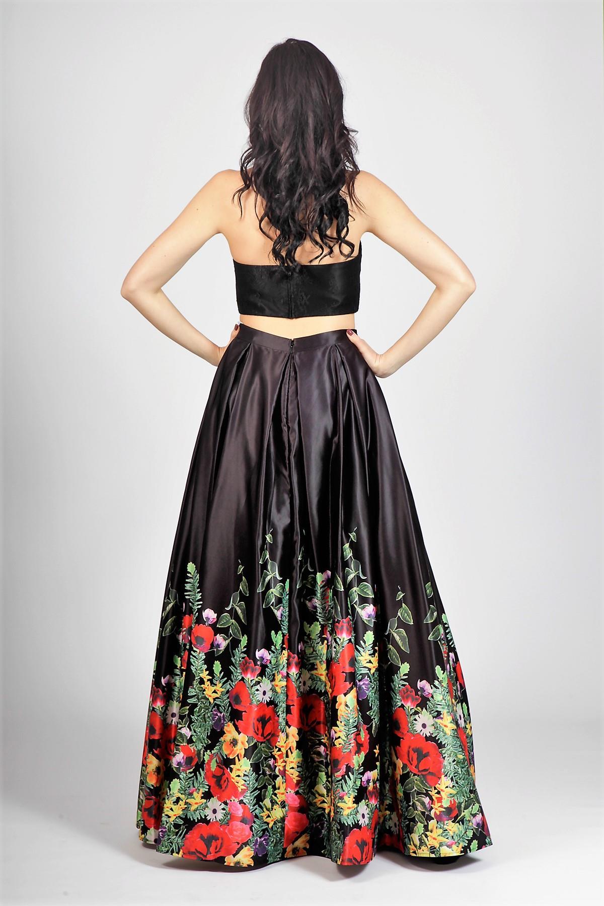 Gonnellone floreale con top in pizzo<BR/> BB27407 NERO MARICLA ELEGANCE