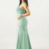 abito lungo con corpetto in strass e piume SH842AL MENTA SHARON