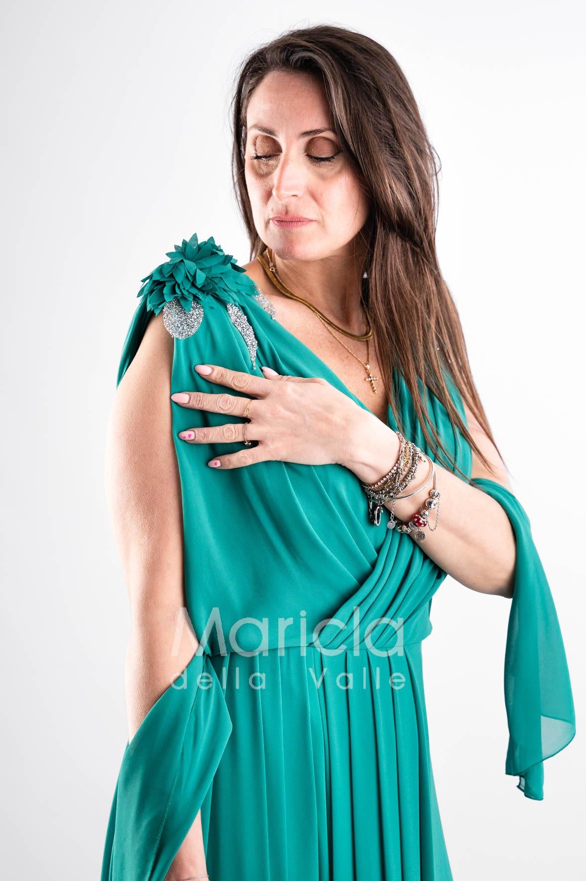 abito lungo con fiori spalla e strass GC3874 SMERALDO GIGLI CERIMONIA