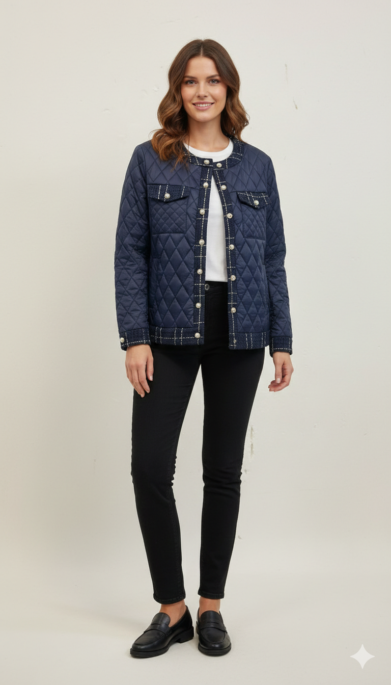 Giacca Trapuntata Navy con Profili in Tweed e Bottoni Gioiello CF22193 BLU CARLA FERRONI 