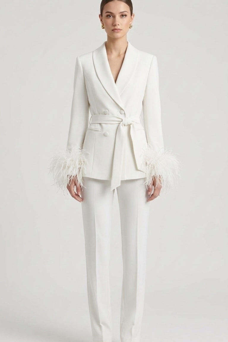 tailleur doppio petto con piume EC04602 BIANCO MARICLA 