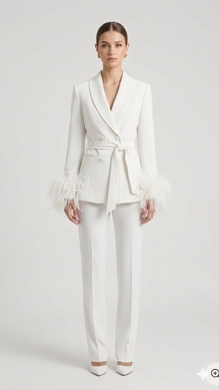 tailleur doppio petto con piume EC04602 BIANCO MARICLA 