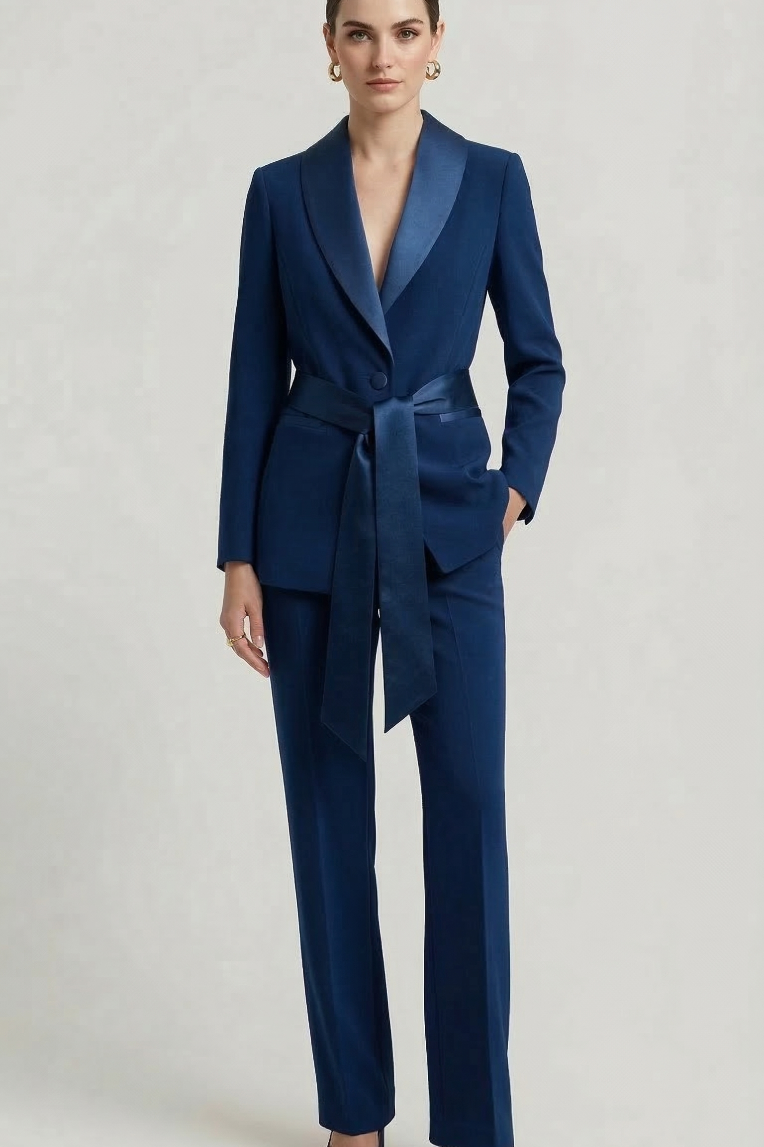 tailleur sciallato con raso e cintura EC04608 BLU MARICLA 