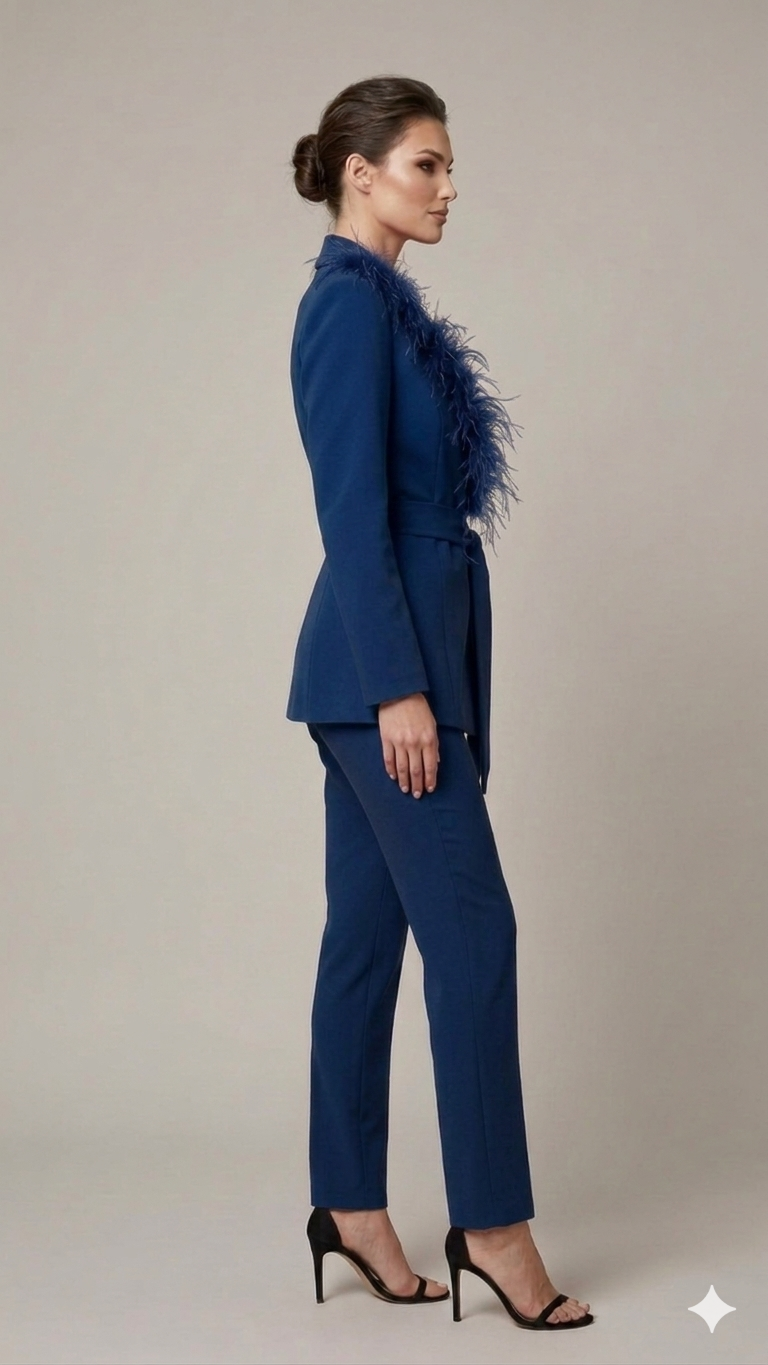 tailleur con piume bavero EC04609 BLU MARICLA 