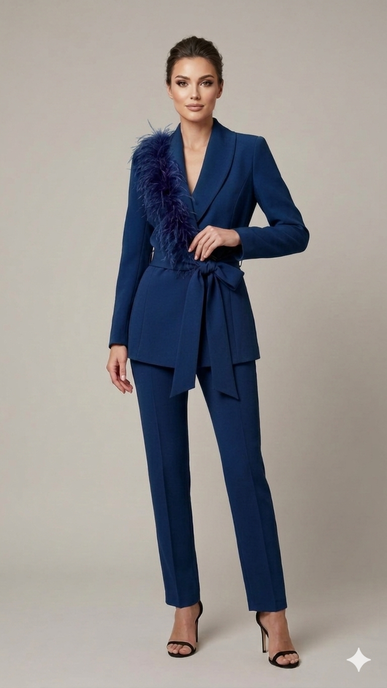 tailleur con piume bavero EC04609 BLU MARICLA 