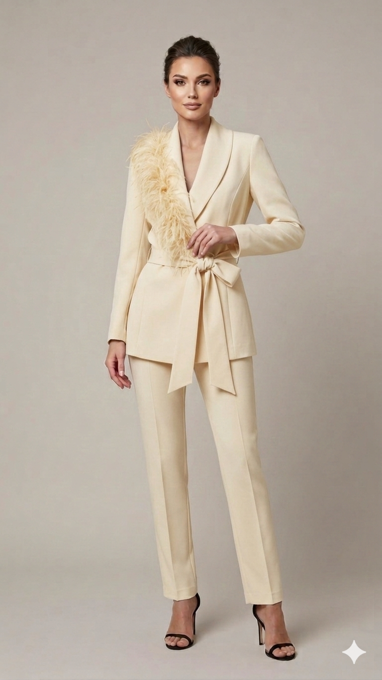 tailleur con piume bavero EC04609 BURRO MARICLA 
