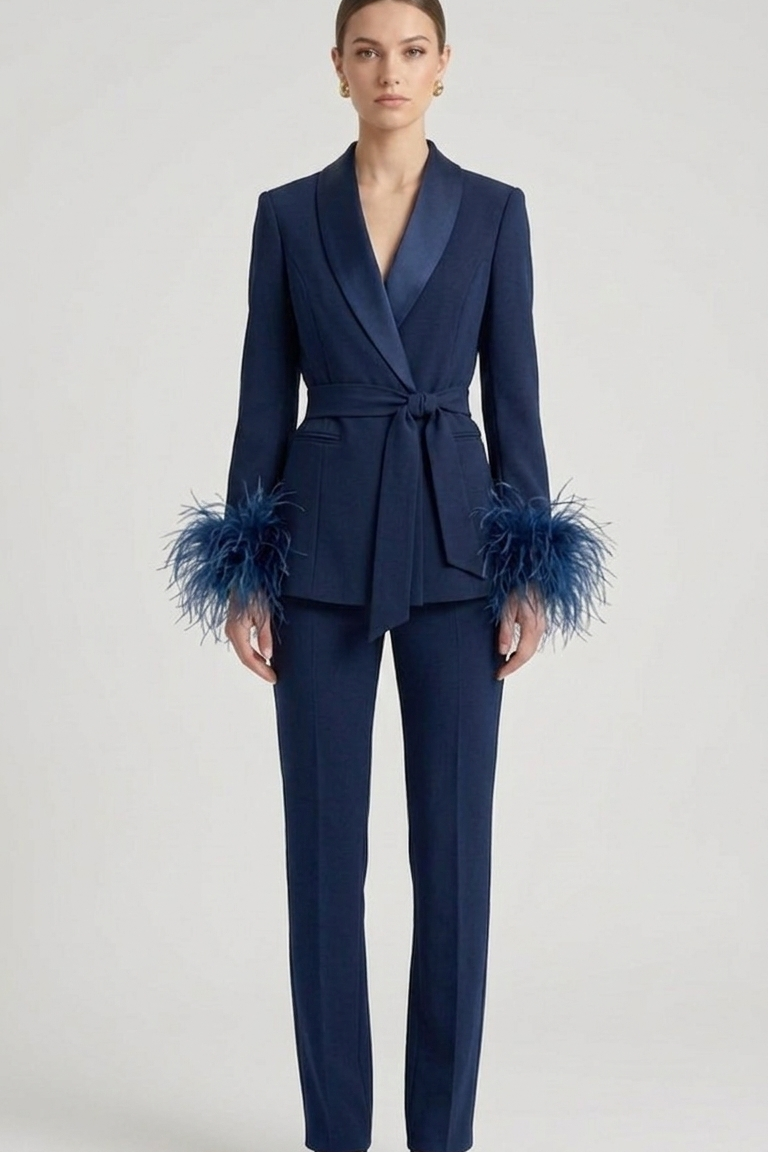 tailleur con cintura e piume EC04610 BLU MARICLA 