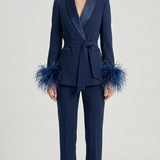 tailleur con cintura e piume EC04610 BLU MARICLA 