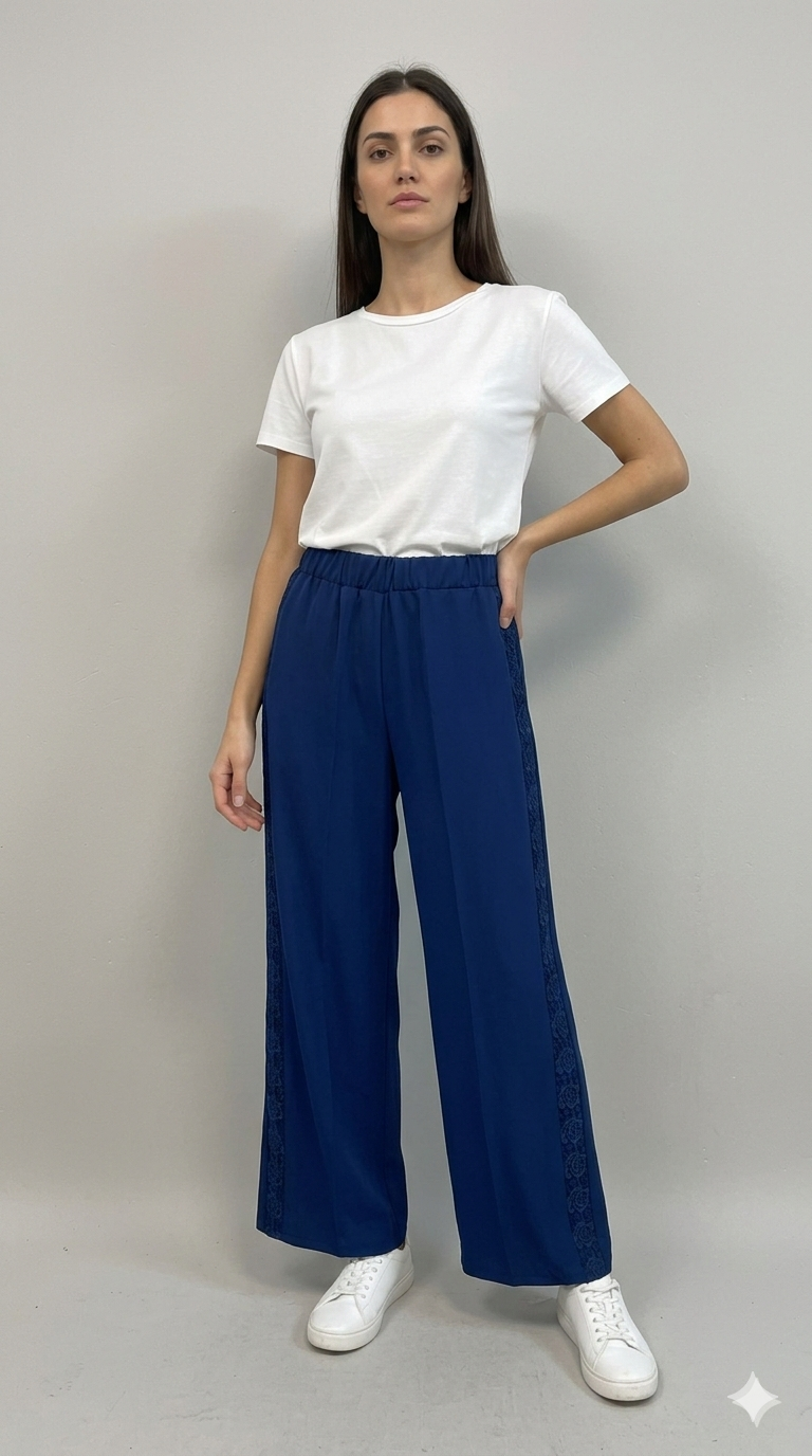 pantalone con fascia laterale macramè FFAUGUSTA BLU MARICLA 