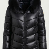 piumino a taglio diagonali con cappuccio in pelliccia LIN3503 NERO LINDAS 