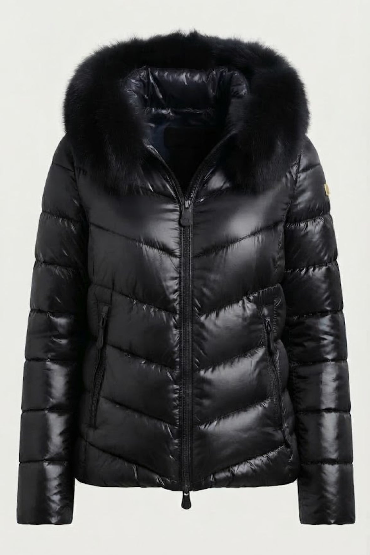 piumino a taglio diagonali con cappuccio in pelliccia LIN3503 NERO LINDAS 