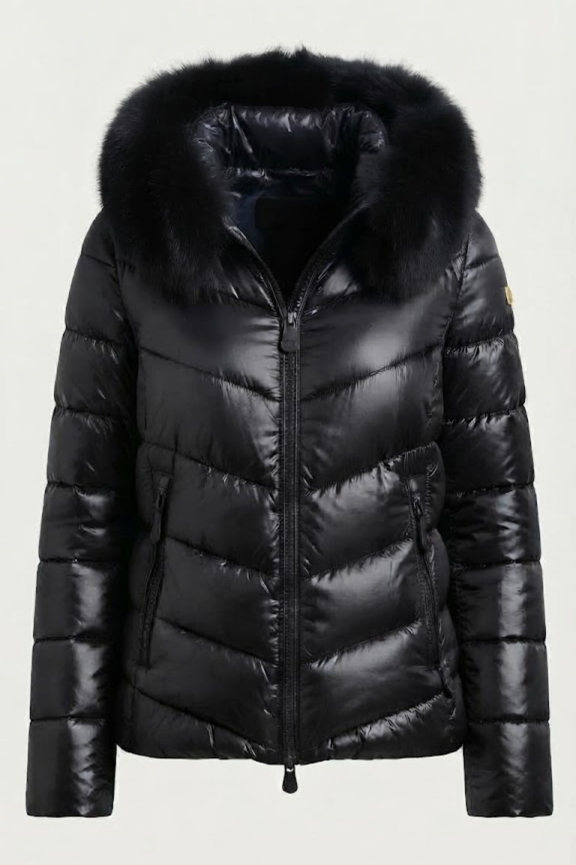 piumino a taglio diagonali con cappuccio in pelliccia LIN3503 NERO LINDAS 