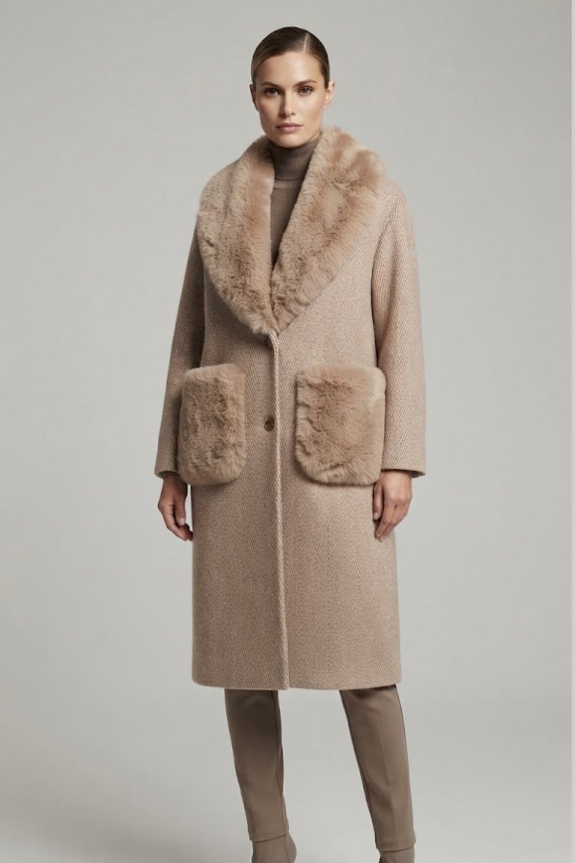 cappotto spigato tasca pelliccia DB11451 BEIGE MARICLA 